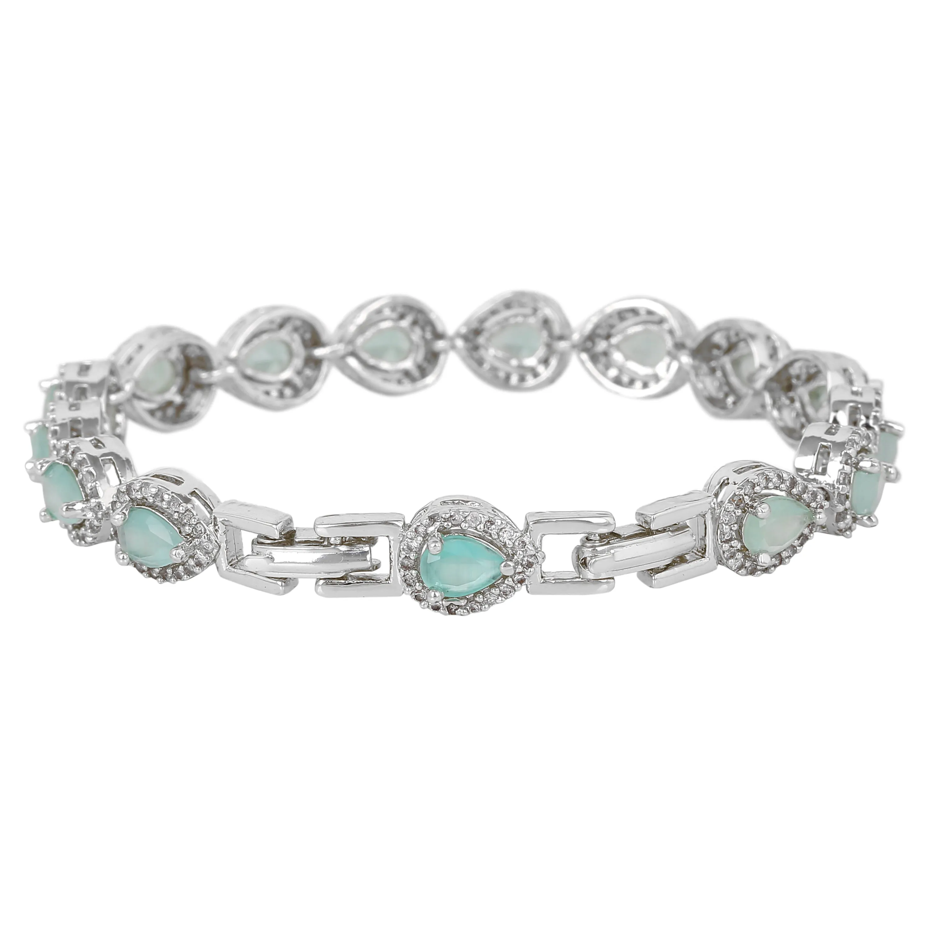 Estele Rhodium Plated CZ Classic Drop Designer Bracelet with Mint Green Stones for Women