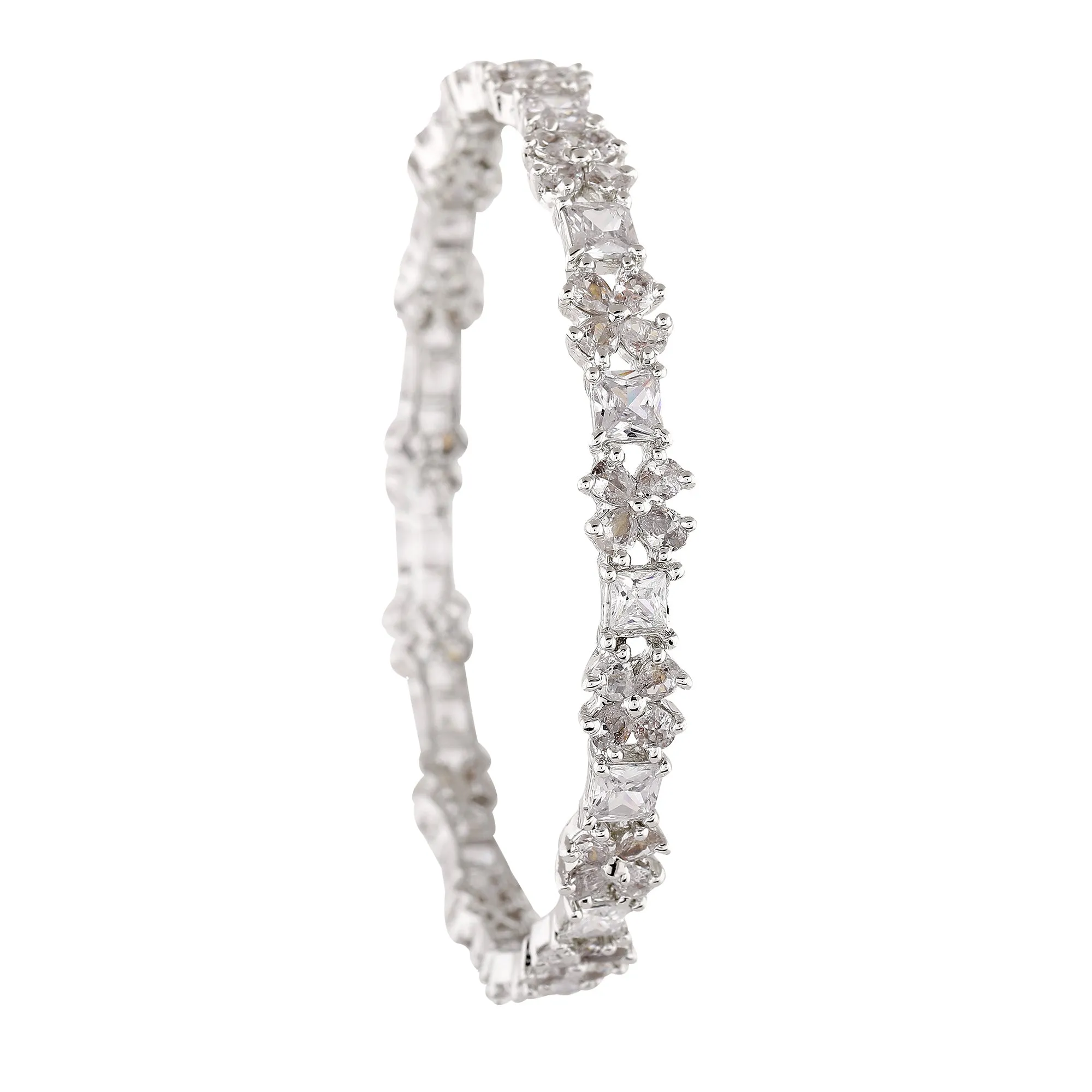 Estele Rhodium Plated Intricate Floral Designer 2:6 Size Bangles with White American Diamonds | A Blend of Tradition & Vibrance for Women