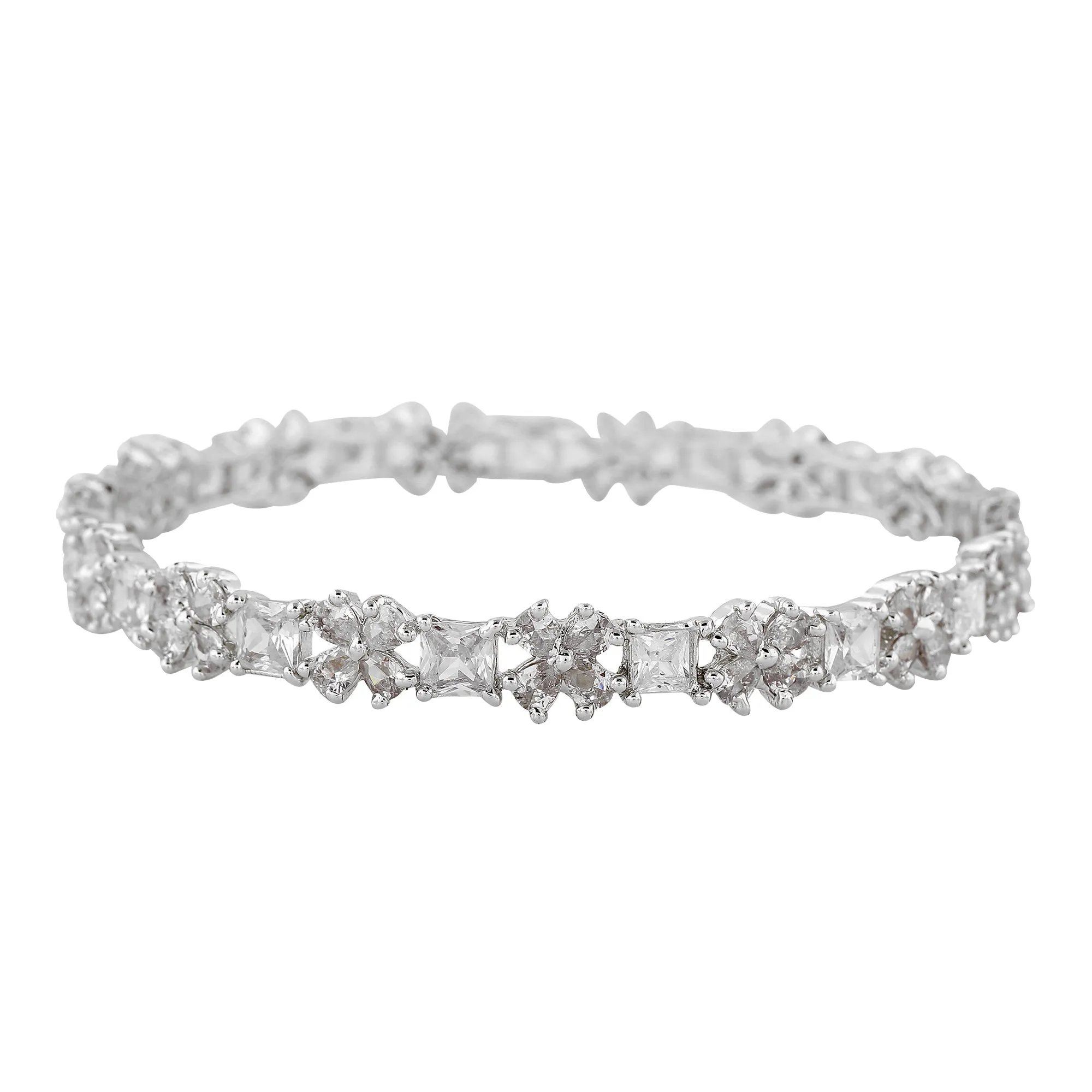 Estele Rhodium Plated Intricate Floral Designer 2:6 Size Bangles with White American Diamonds | A Blend of Tradition & Vibrance for Women