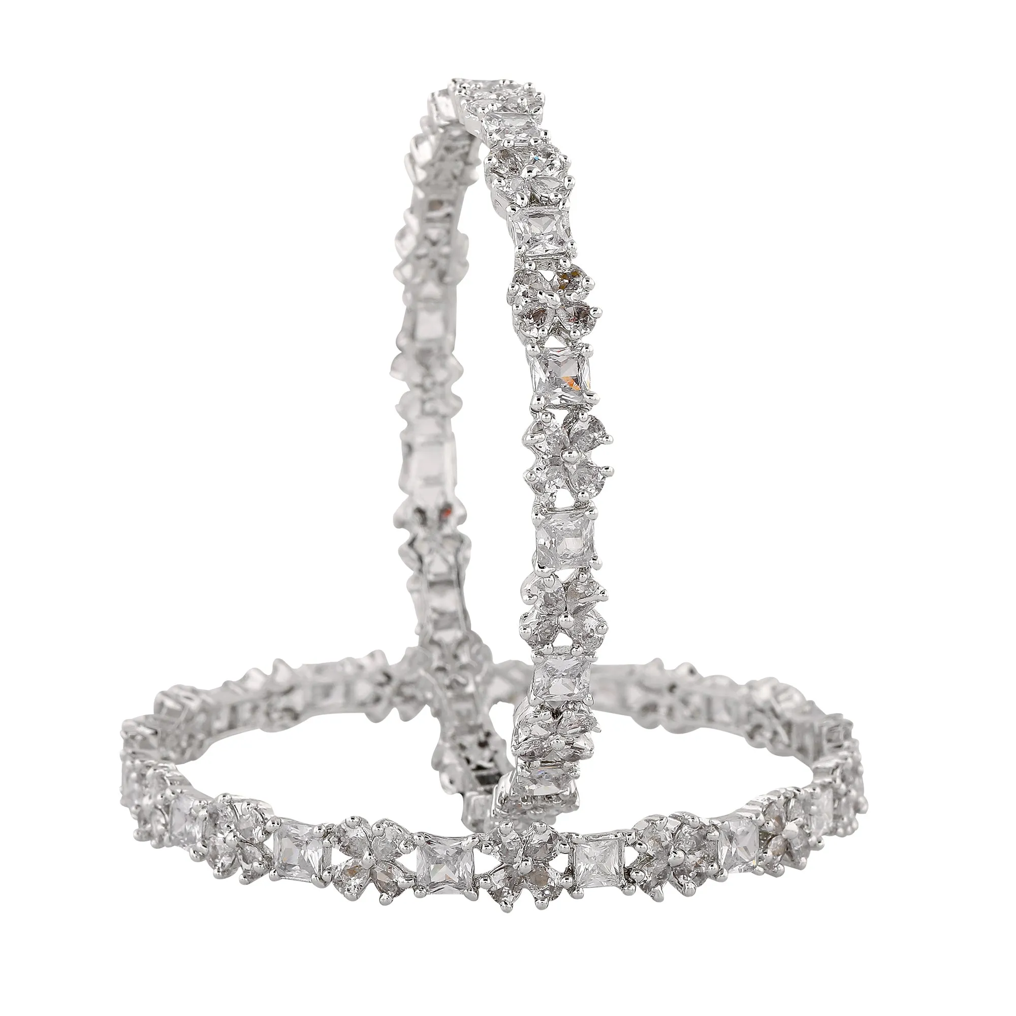 Estele Rhodium Plated Intricate Floral Designer 2:6 Size Bangles with White American Diamonds | A Blend of Tradition & Vibrance for Women