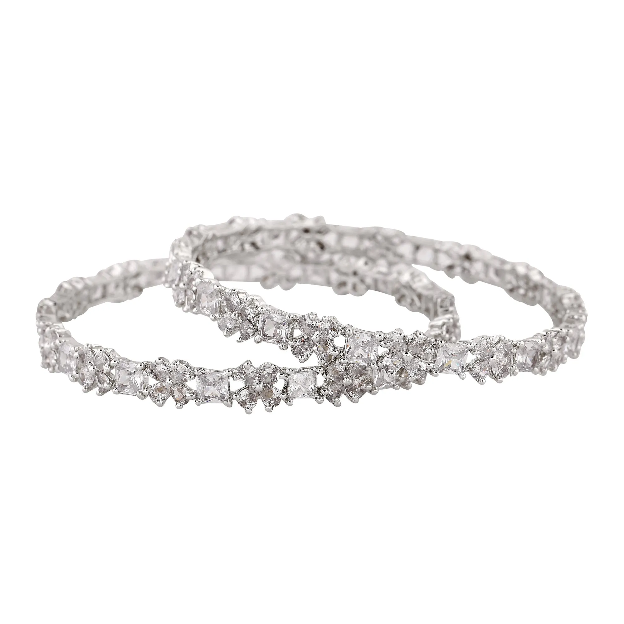 Estele Rhodium Plated Intricate Floral Designer 2:6 Size Bangles with White American Diamonds | A Blend of Tradition & Vibrance for Women