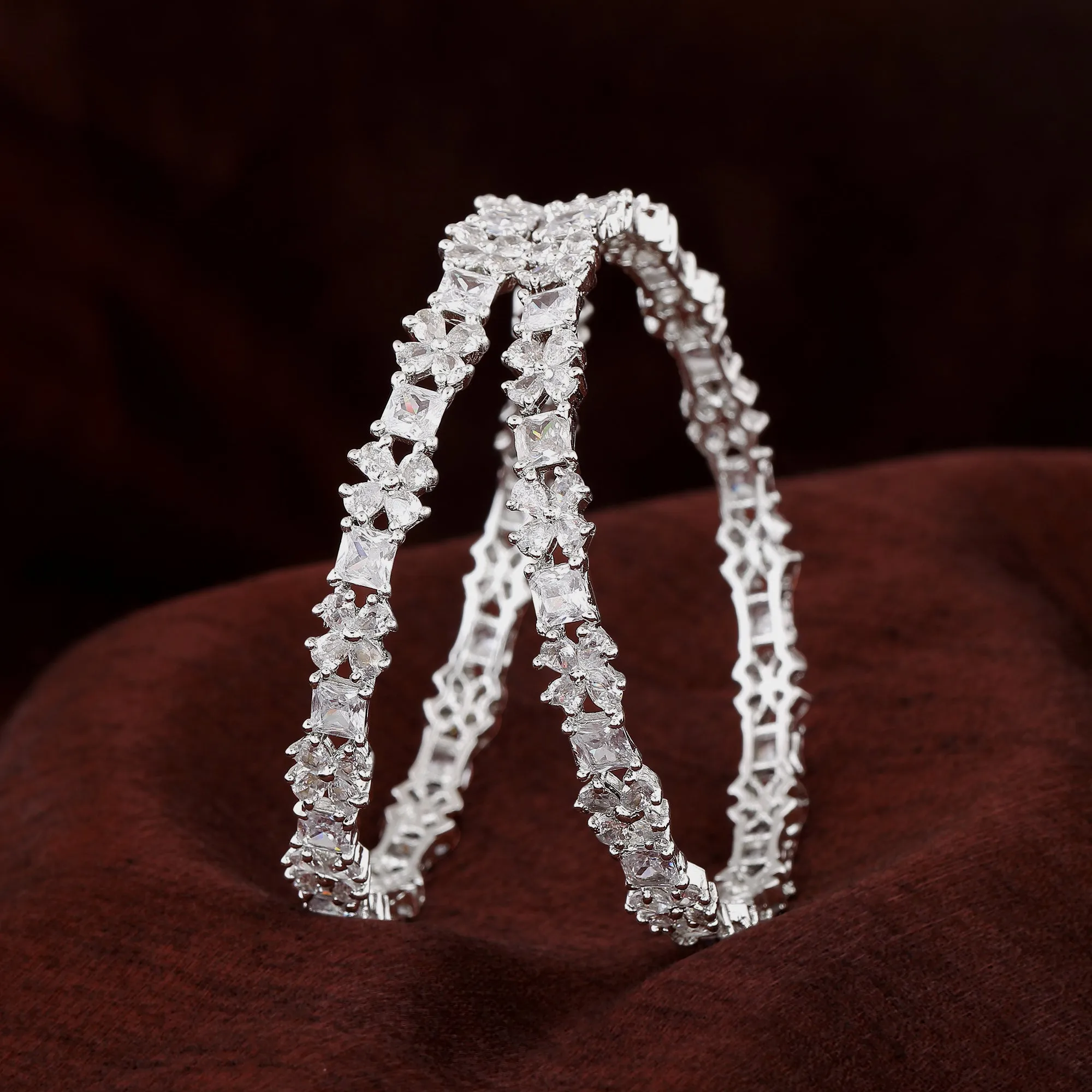 Estele Rhodium Plated Intricate Floral Designer 2:6 Size Bangles with White American Diamonds | A Blend of Tradition & Vibrance for Women