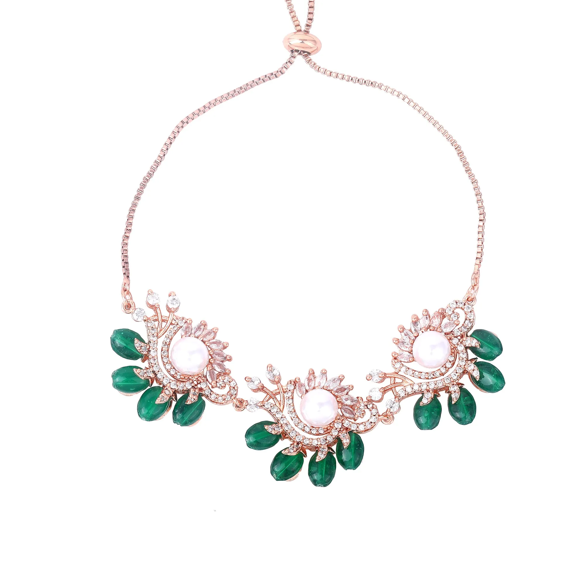 Estele Rosegold Plated Floral-Inspired Green Beaded Adjustable Varya Bracelet|A Graceful Accessory for Modern Women