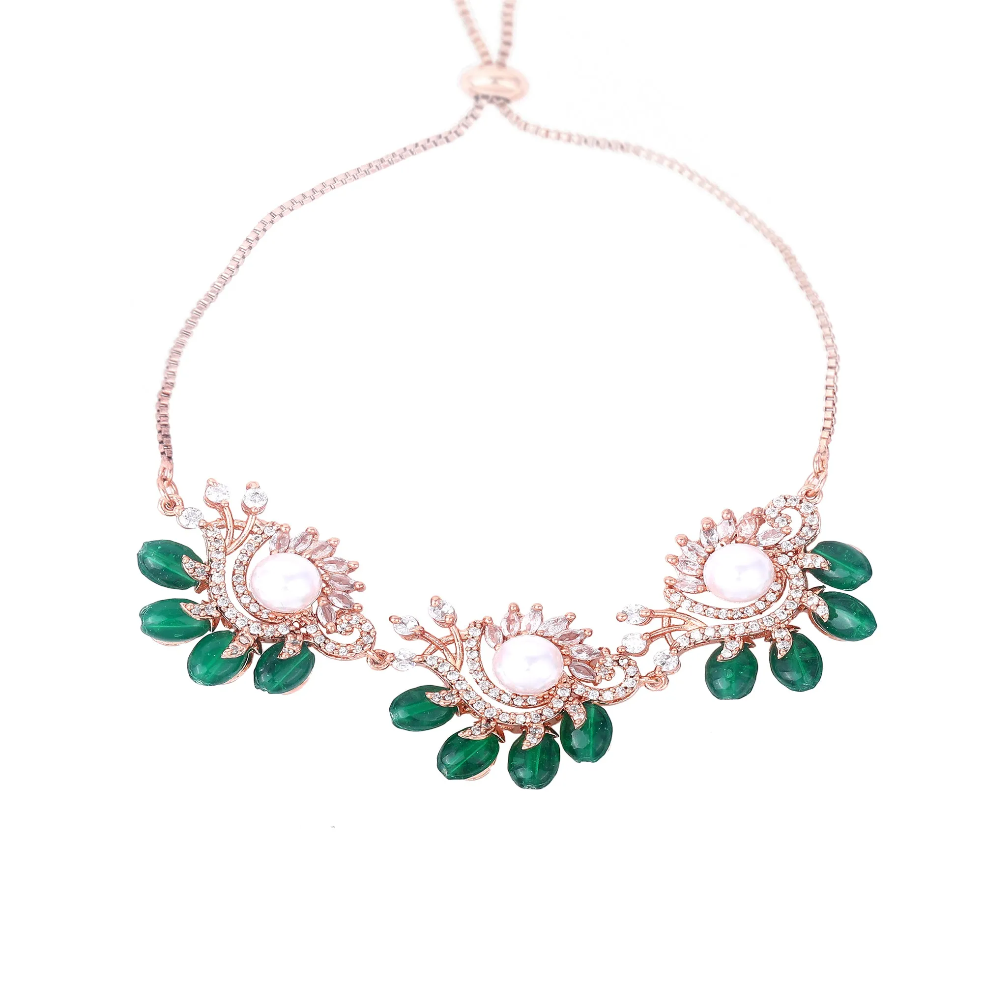 Estele Rosegold Plated Floral-Inspired Green Beaded Adjustable Varya Bracelet|A Graceful Accessory for Modern Women