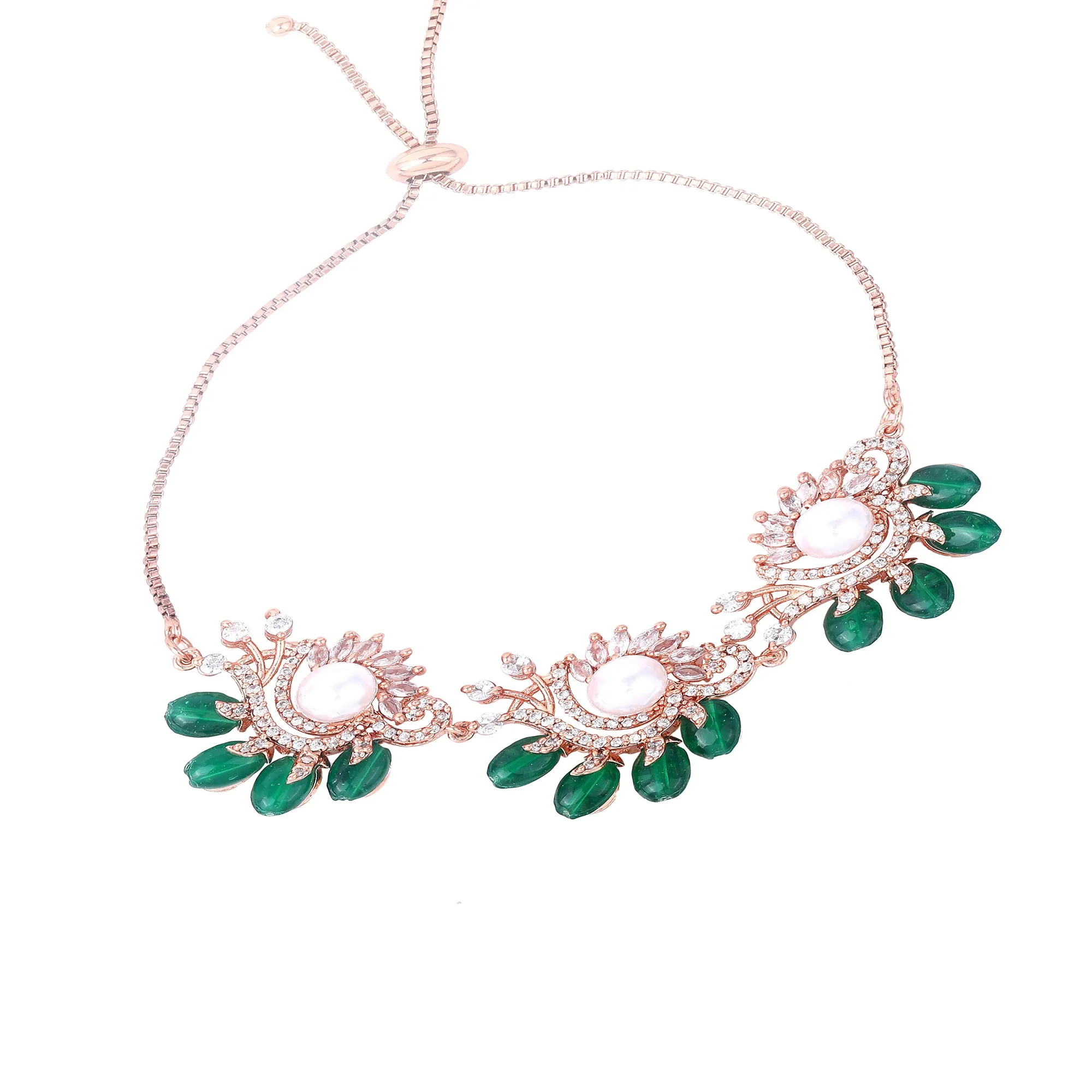 Estele Rosegold Plated Floral-Inspired Green Beaded Adjustable Varya Bracelet|A Graceful Accessory for Modern Women