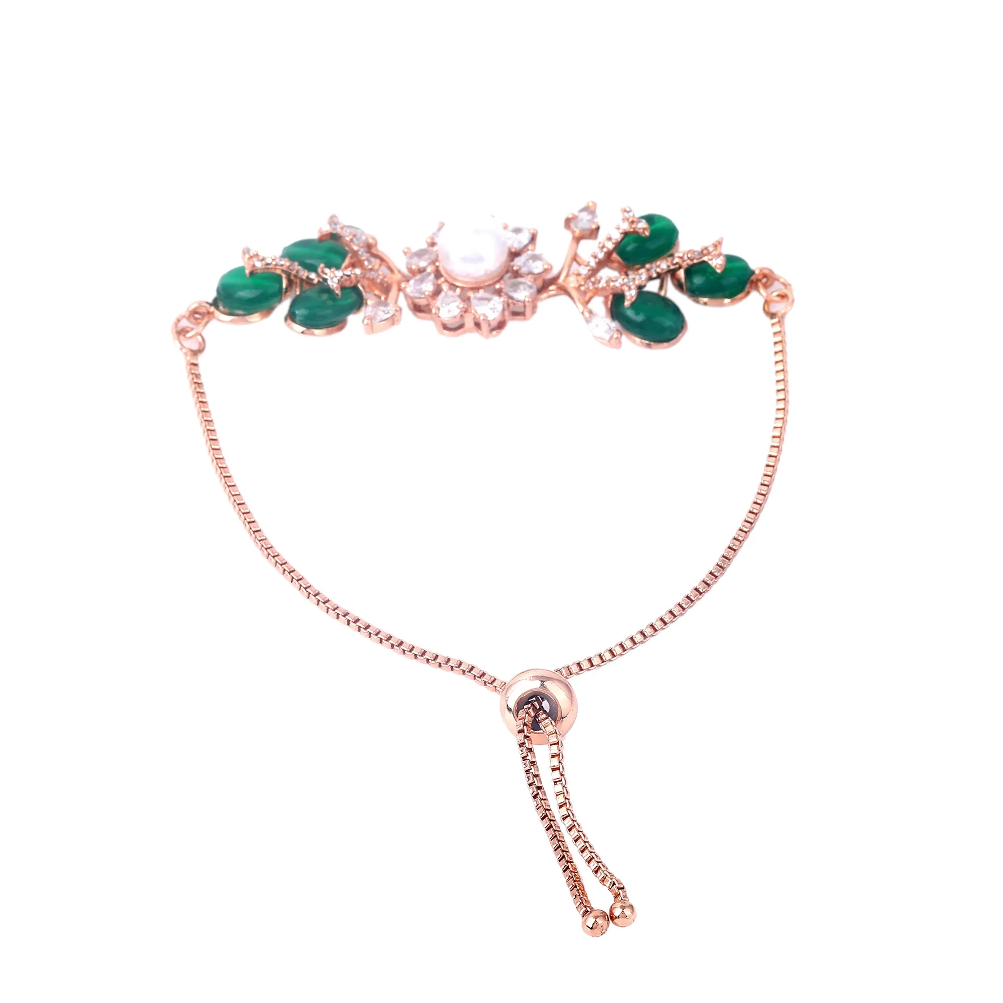 Estele Rosegold Plated Leafy Bloom Designer Adjustable Varya Bracelet with Green Beads for Women|A Perfect Blend of Nature & Style