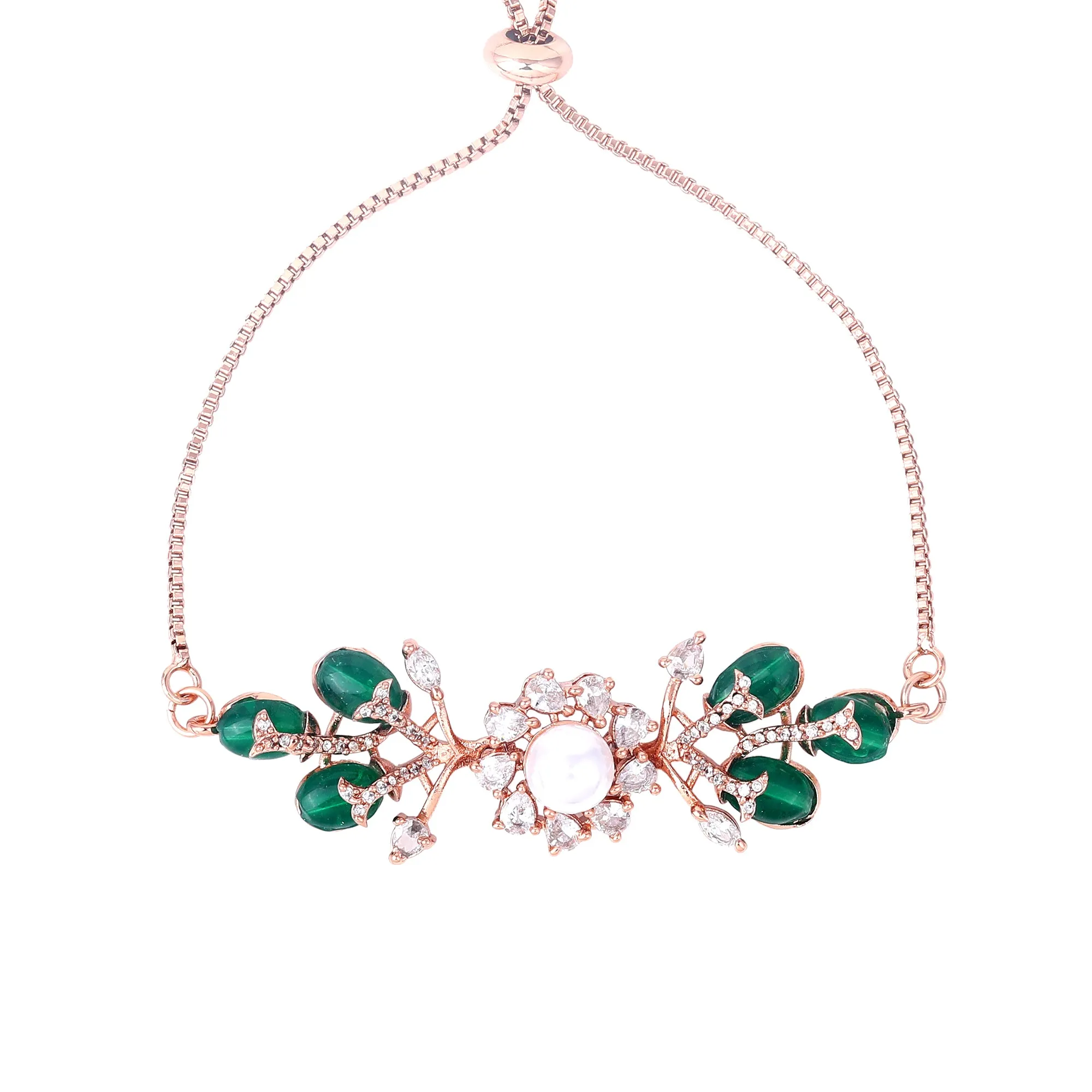 Estele Rosegold Plated Leafy Bloom Designer Adjustable Varya Bracelet with Green Beads for Women|A Perfect Blend of Nature & Style