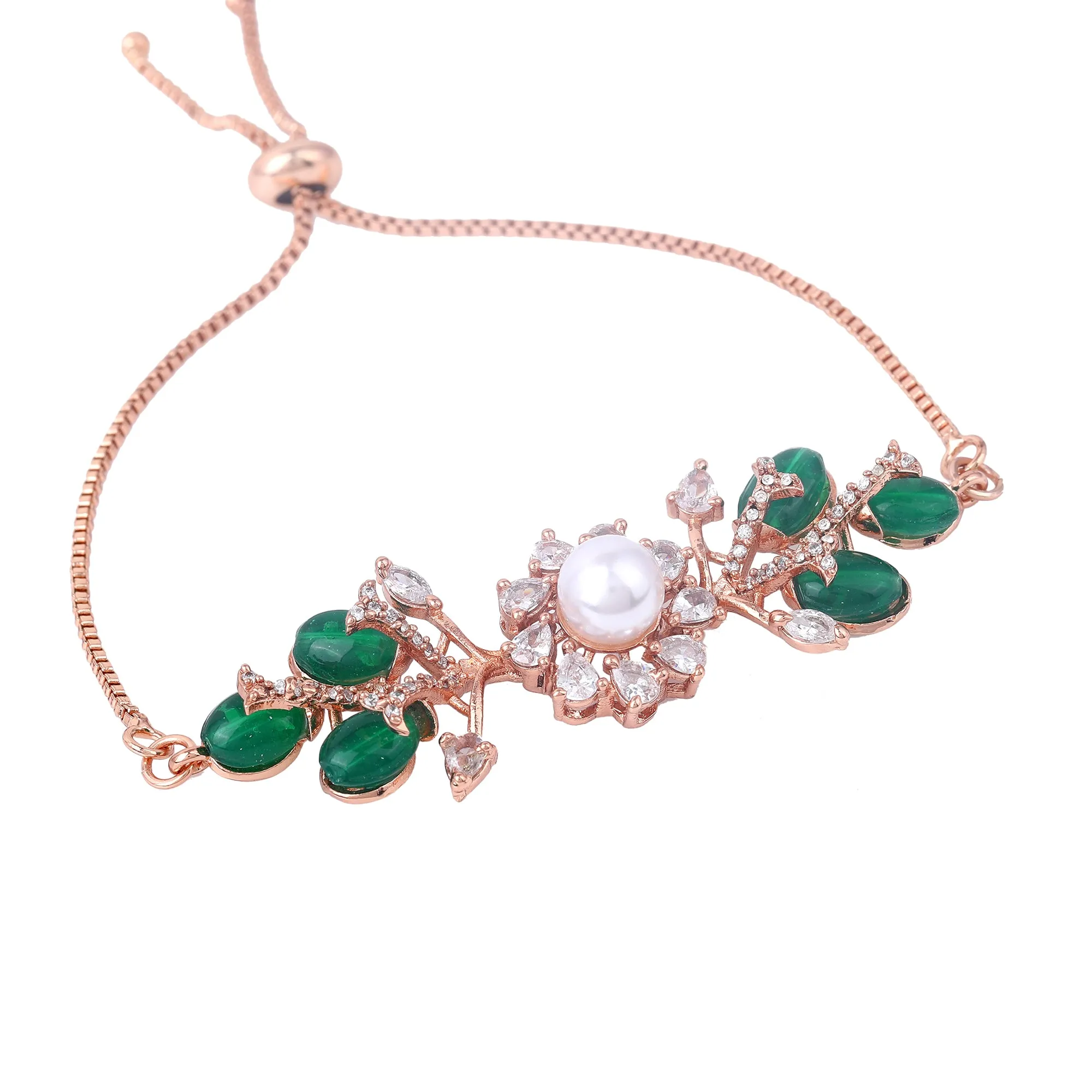 Estele Rosegold Plated Leafy Bloom Designer Adjustable Varya Bracelet with Green Beads for Women|A Perfect Blend of Nature & Style