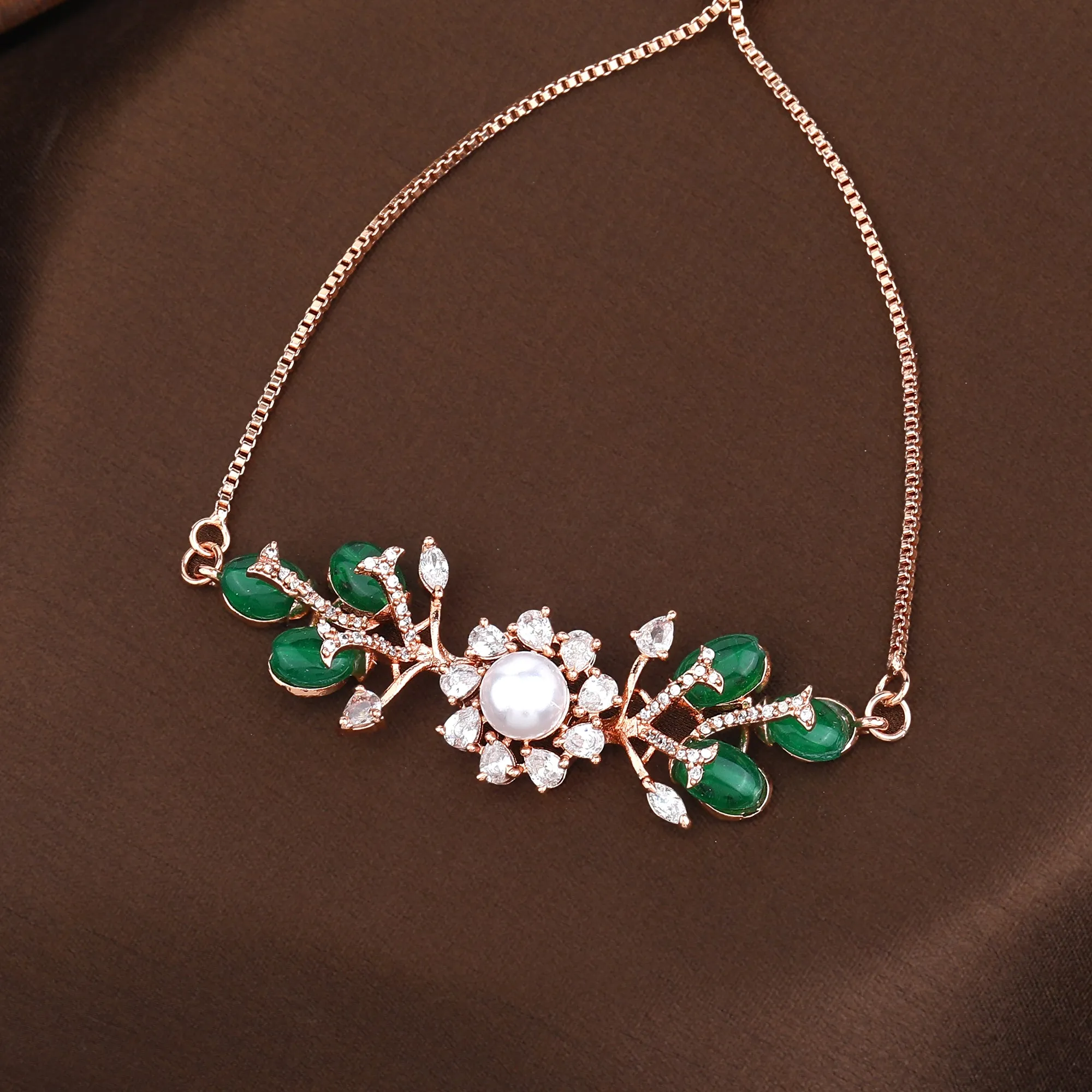 Estele Rosegold Plated Leafy Bloom Designer Adjustable Varya Bracelet with Green Beads for Women|A Perfect Blend of Nature & Style