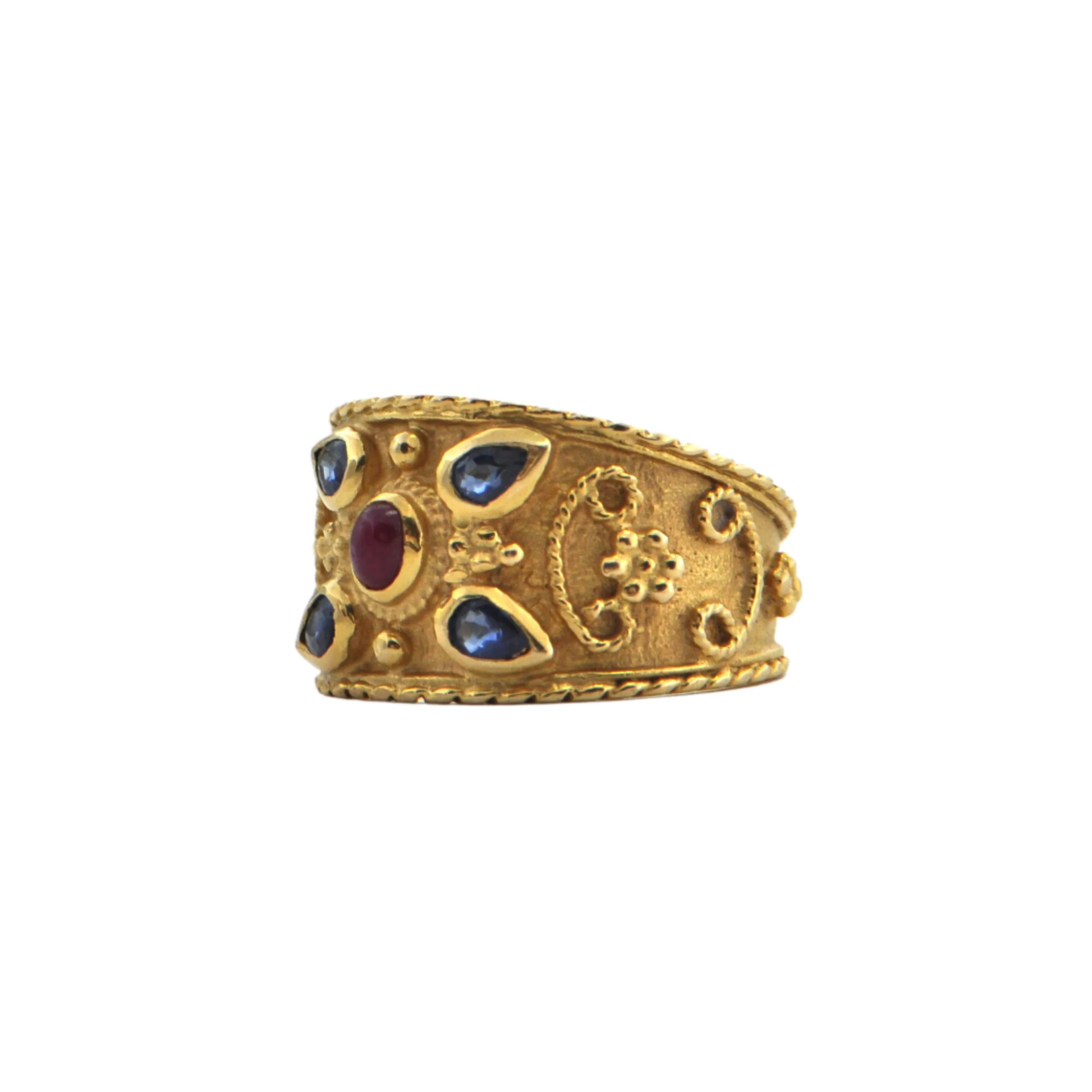 Etruscan Revival Sapphire and Ruby 18k Gold Ring