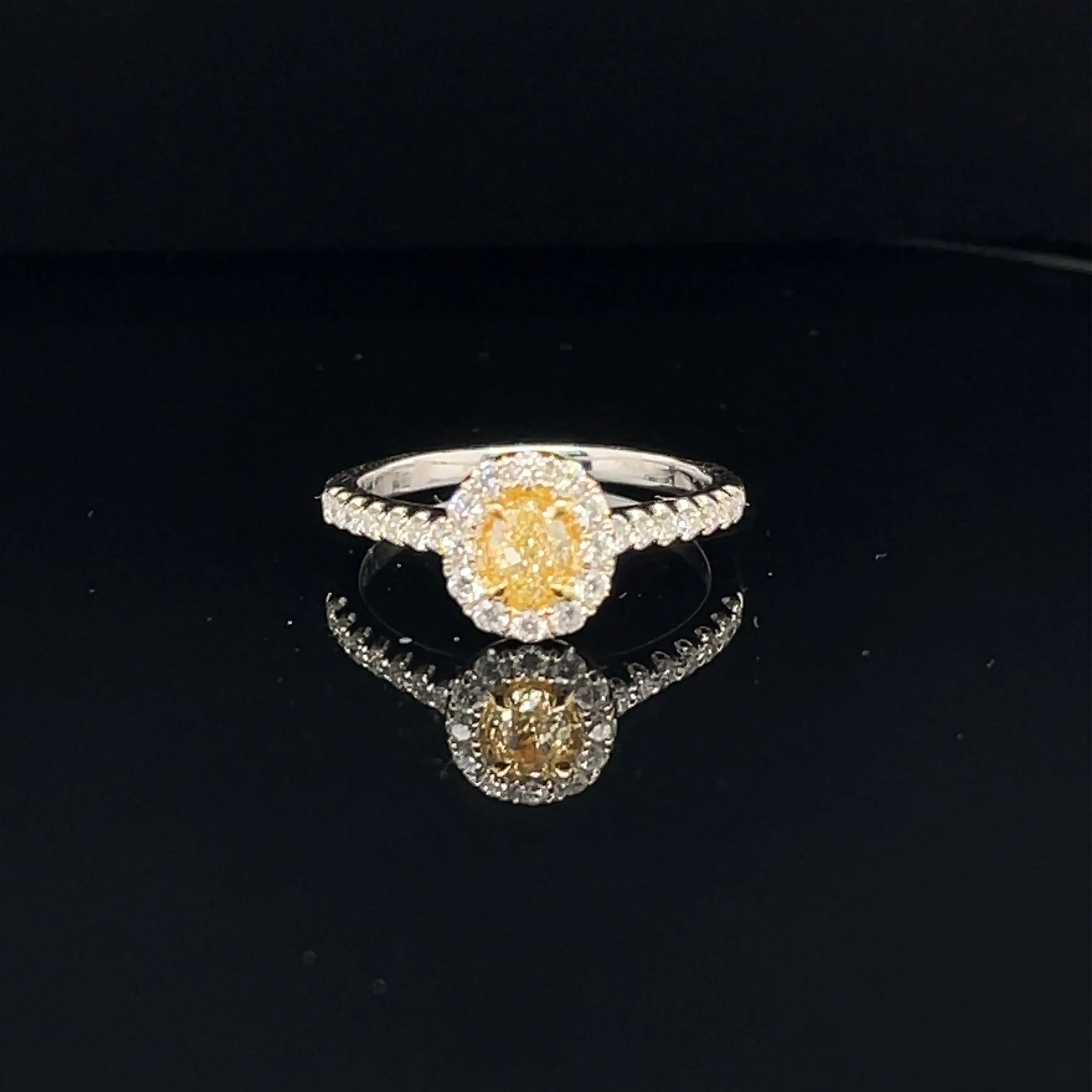 Fancy Yellow & White Diamond Halo Oval Engagement Ring in 18k Two Tone Gold - (#125-JR0897GH-19)
