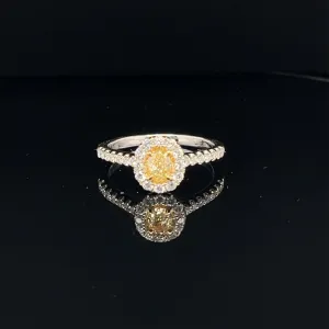 Fancy Yellow & White Diamond Halo Oval Engagement Ring in 18k Two Tone Gold - (#125-JR0897GH-19)