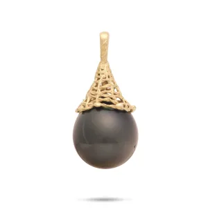 Fish Net Tahitian Black Pearl Pendant in Gold - 14-17mm