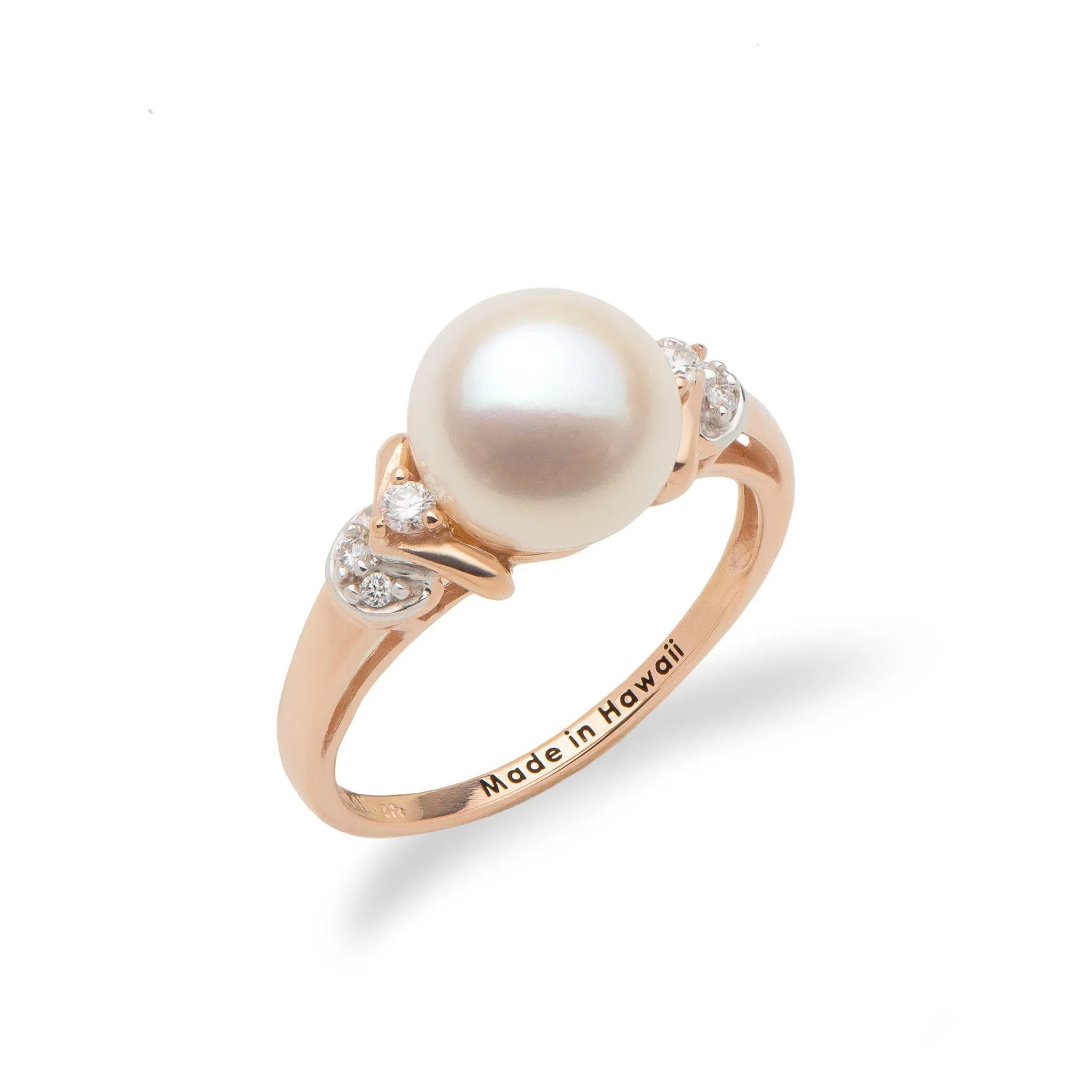 Freshwater White Pearl Ring in Rose Gold with Diamonds - 8-9mm