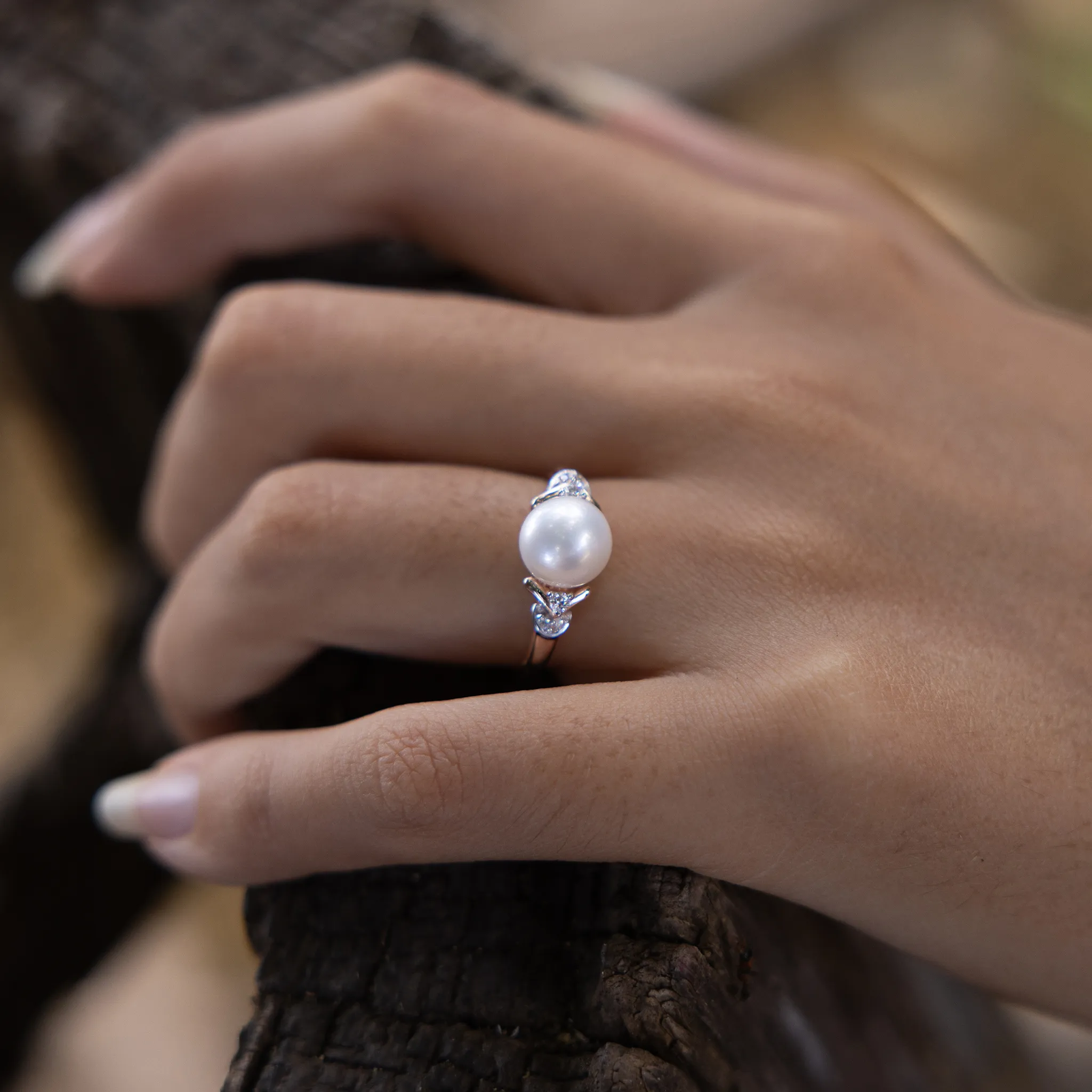 Freshwater White Pearl Ring in Rose Gold with Diamonds - 8-9mm