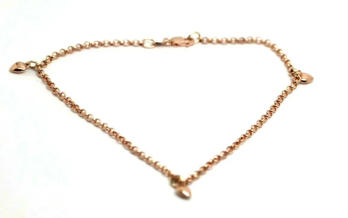 Genuine 9ct Solid Yellow or Rose Gold 25cm Belcher Anklet   3 heart charms