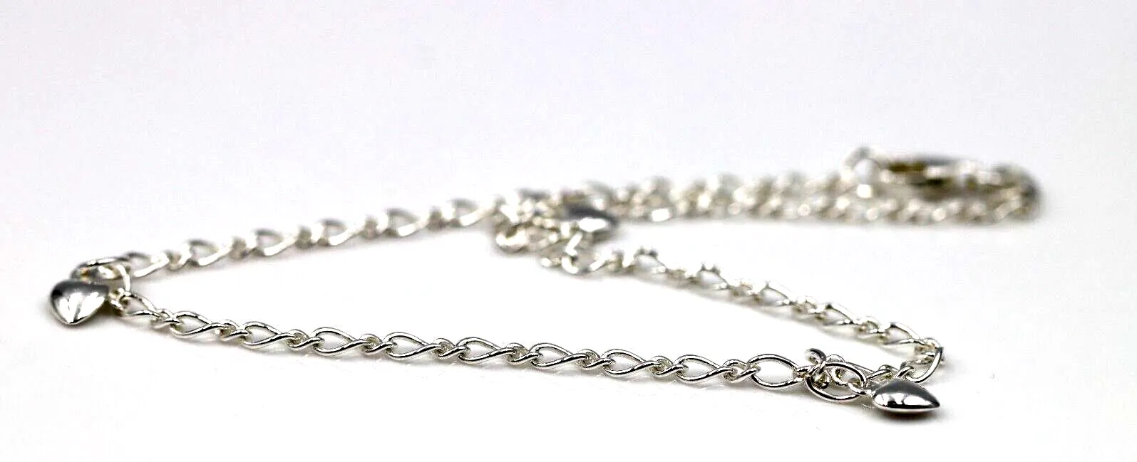 Genuine Sterling Silver 25cm Figaro Anklet   3 Charm Hearts
