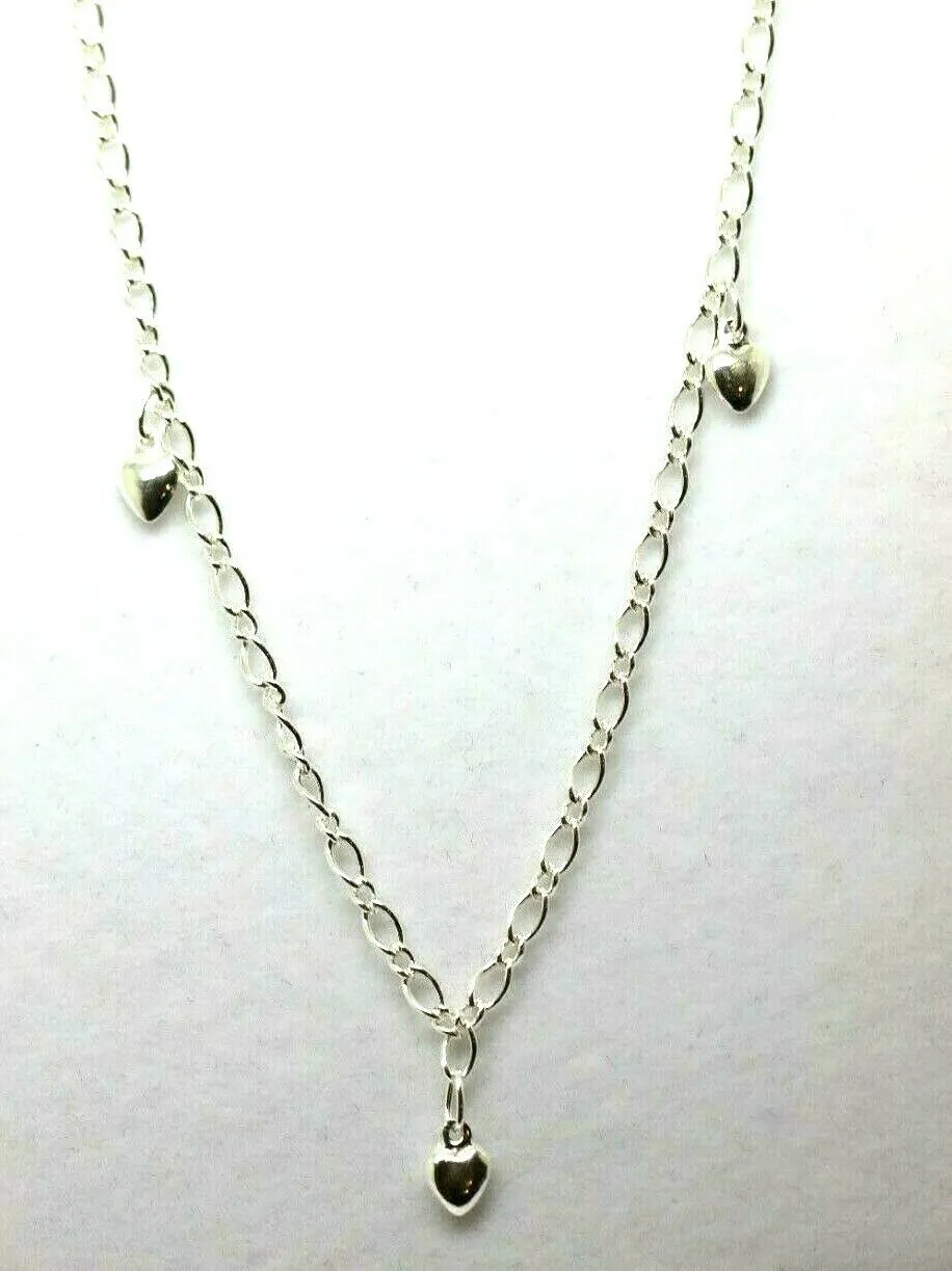 Genuine Sterling Silver 25cm Figaro Anklet   3 Charm Hearts