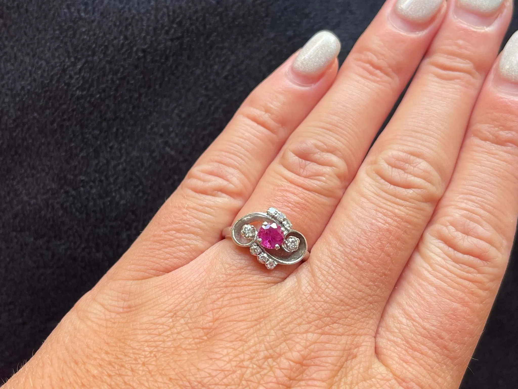 GIA Art Deco  Round Pink Sapphire and Diamond Ring in 18k White Gold