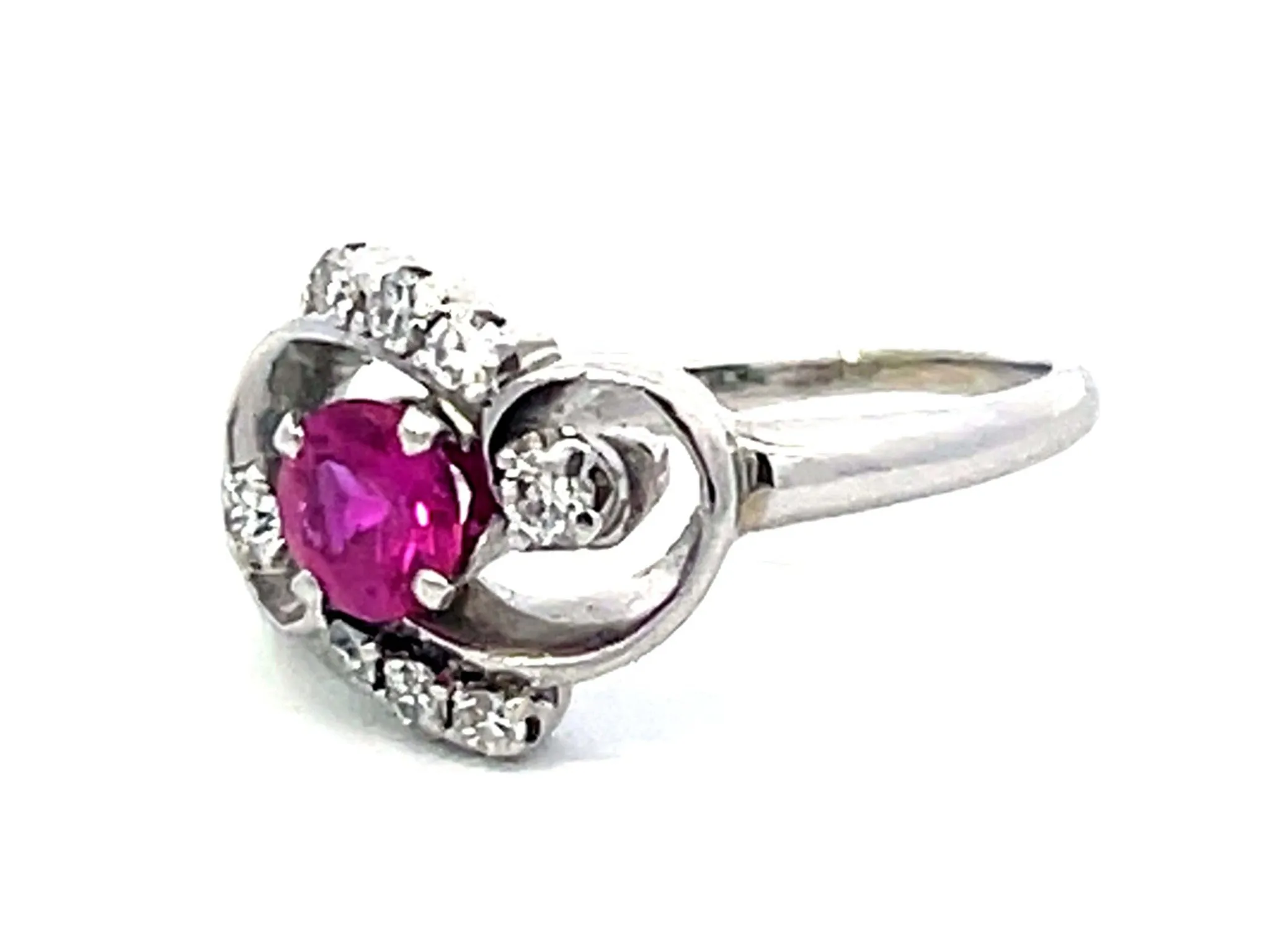 GIA Art Deco  Round Pink Sapphire and Diamond Ring in 18k White Gold