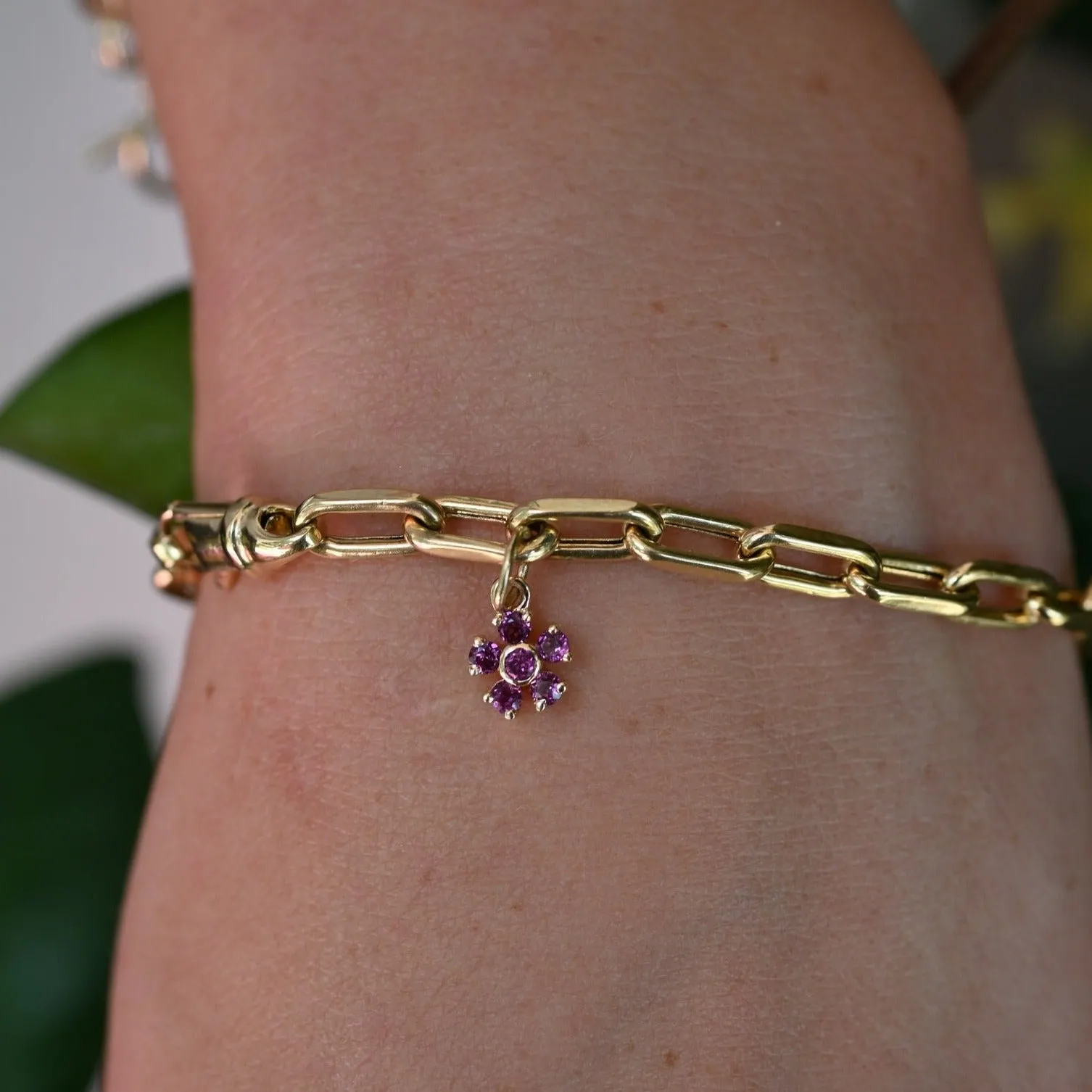 Gold Link Bracelet with Pink Sapphire Flower