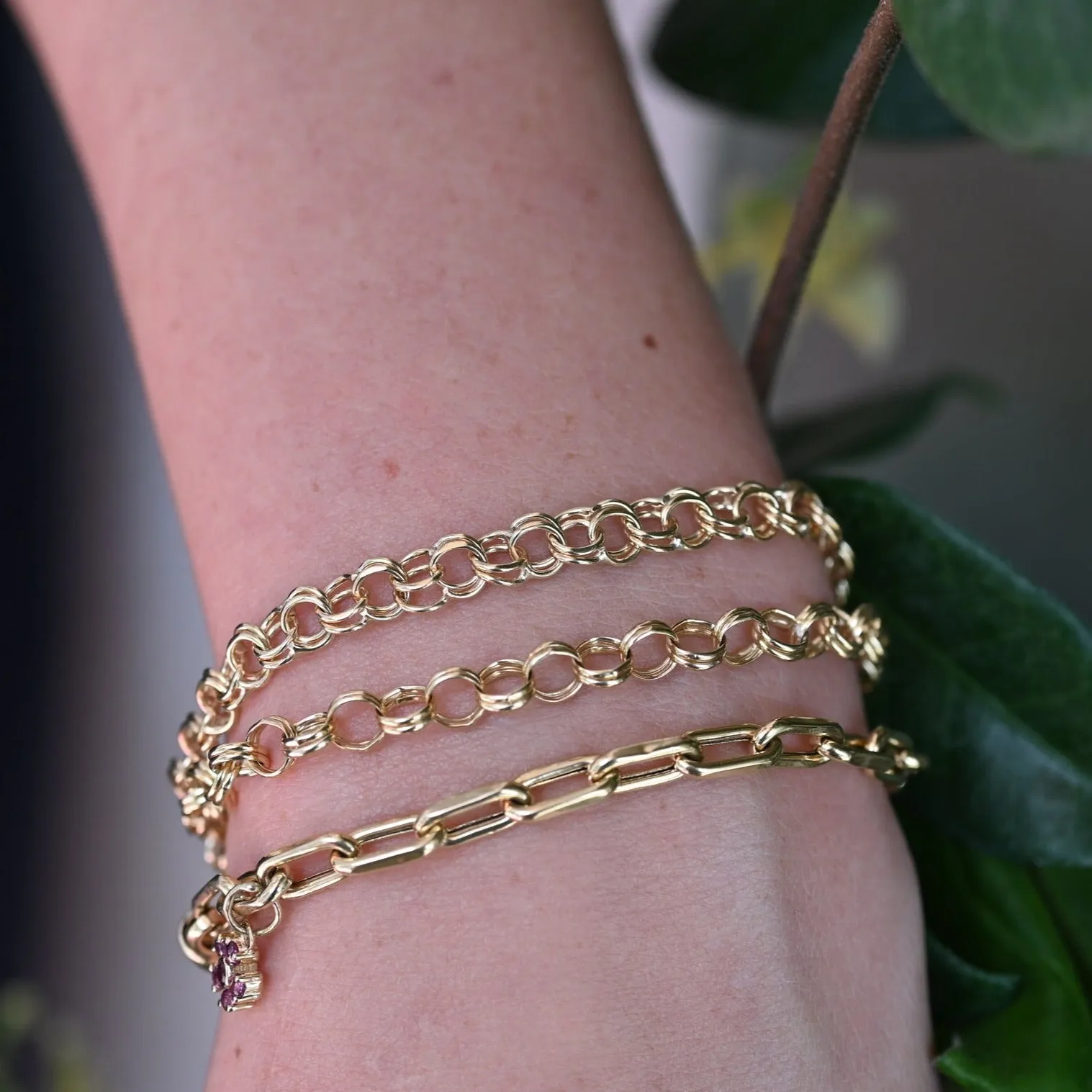 Gold Link Bracelet with Pink Sapphire Flower