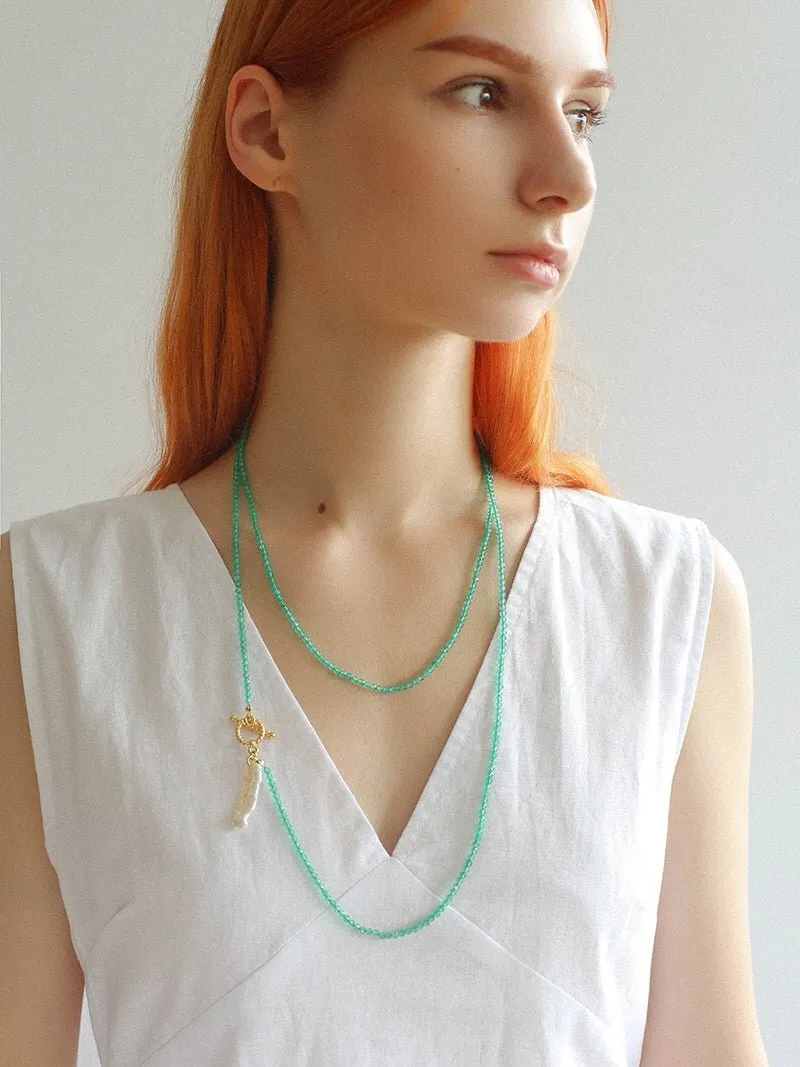 Green Agate Toothpick Baroque Pearl OT Clasp Pendant Necklace