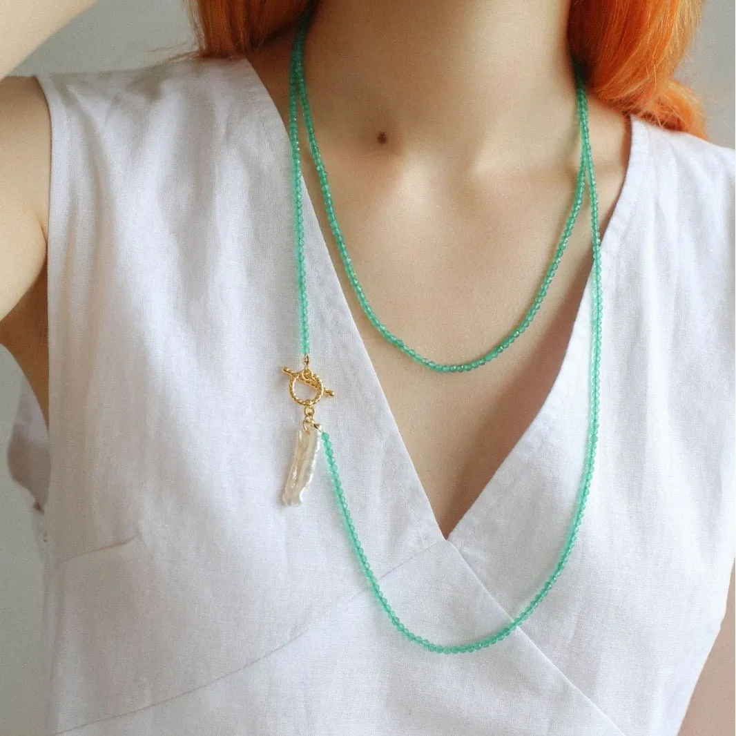 Green Agate Toothpick Baroque Pearl OT Clasp Pendant Necklace