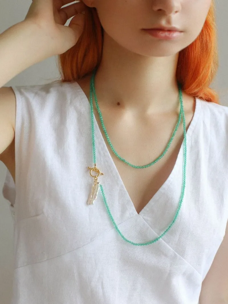 Green Agate Toothpick Baroque Pearl OT Clasp Pendant Necklace