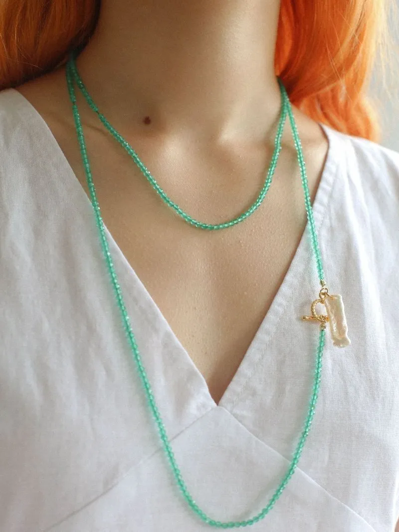 Green Agate Toothpick Baroque Pearl OT Clasp Pendant Necklace
