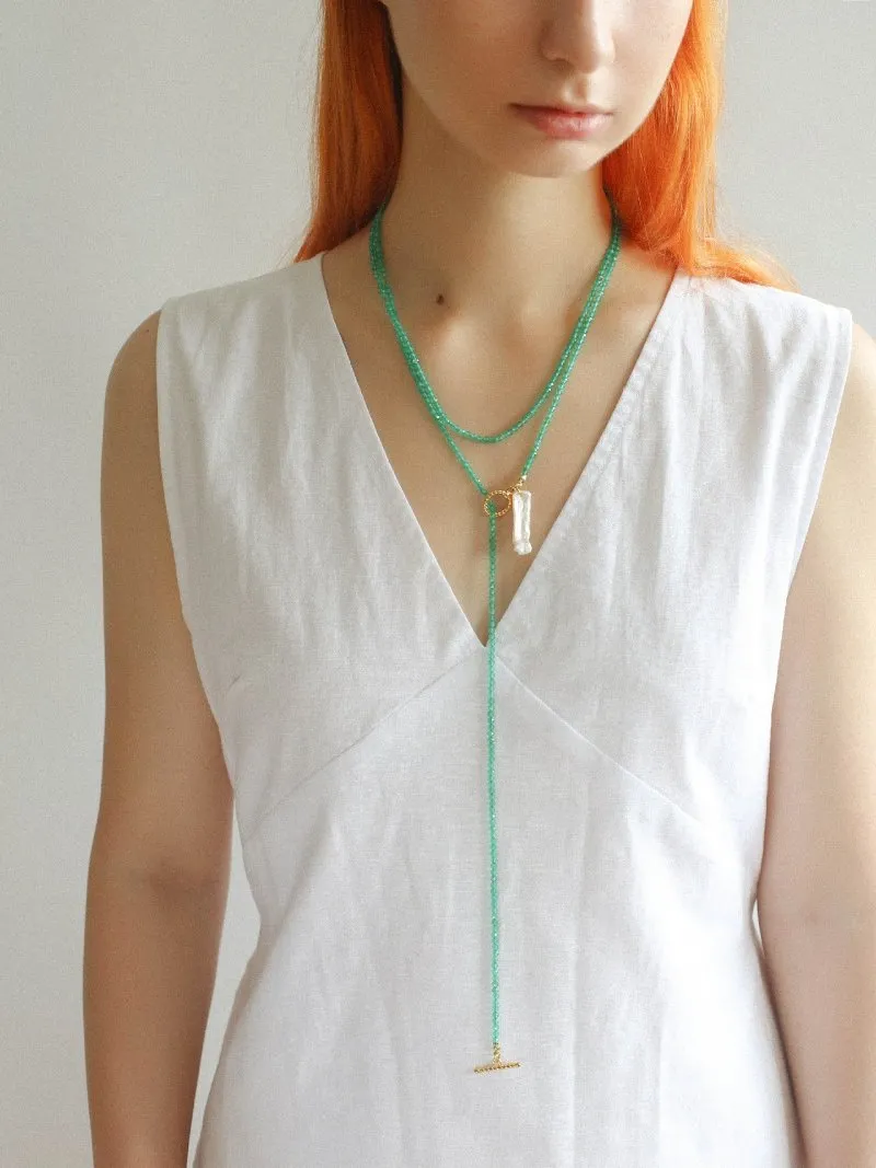 Green Agate Toothpick Baroque Pearl OT Clasp Pendant Necklace