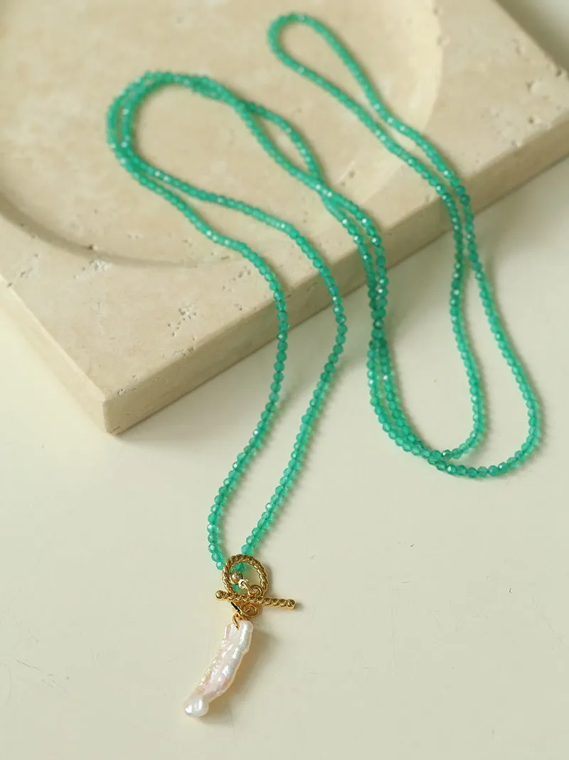 Green Agate Toothpick Baroque Pearl OT Clasp Pendant Necklace
