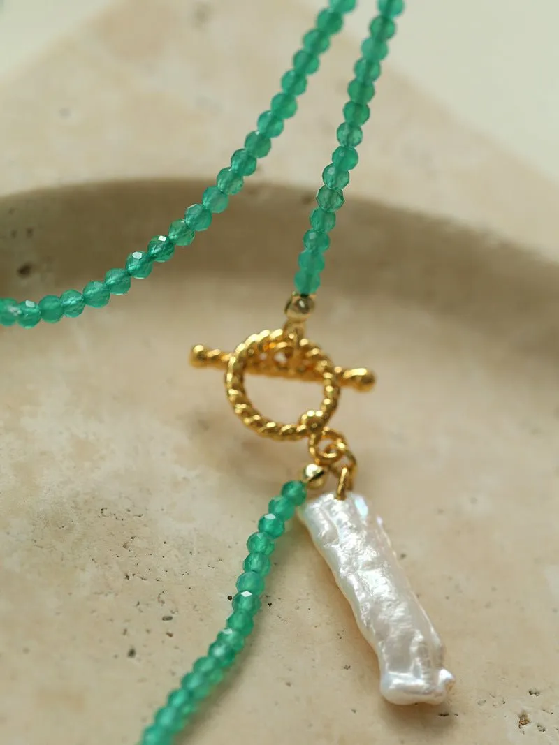 Green Agate Toothpick Baroque Pearl OT Clasp Pendant Necklace