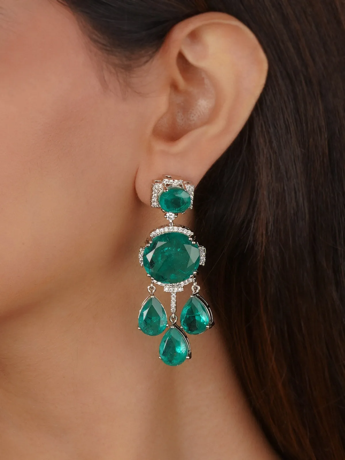 Green Color Silver Plated Faux Diamond Earrings - CZEAR590