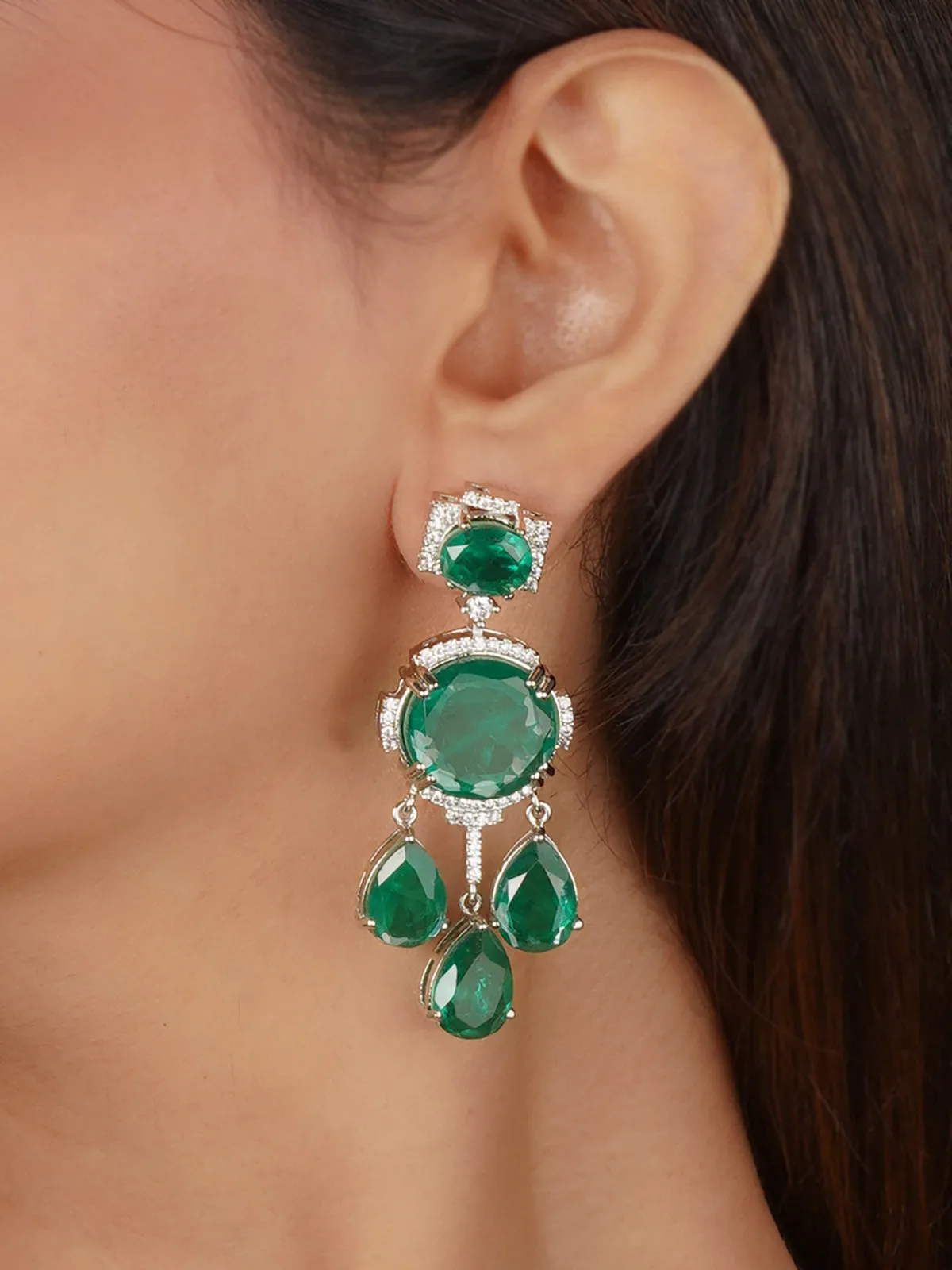 Green Color Silver Plated Faux Diamond Earrings - CZEAR590