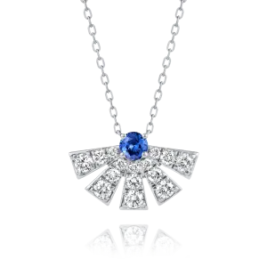Half Sunrise Diamond And Blue Sapphire Pendant White Gold