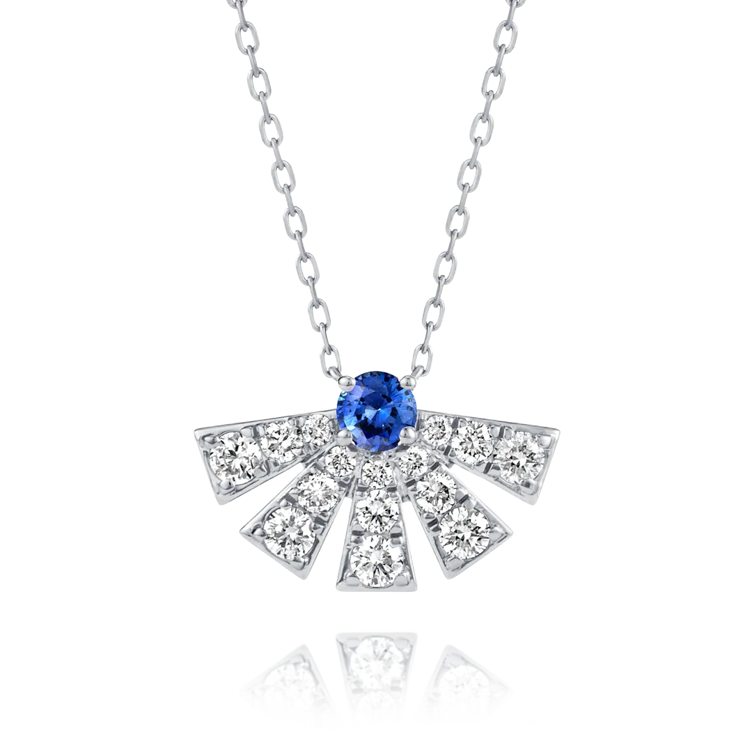 Half Sunrise Diamond And Blue Sapphire Pendant White Gold