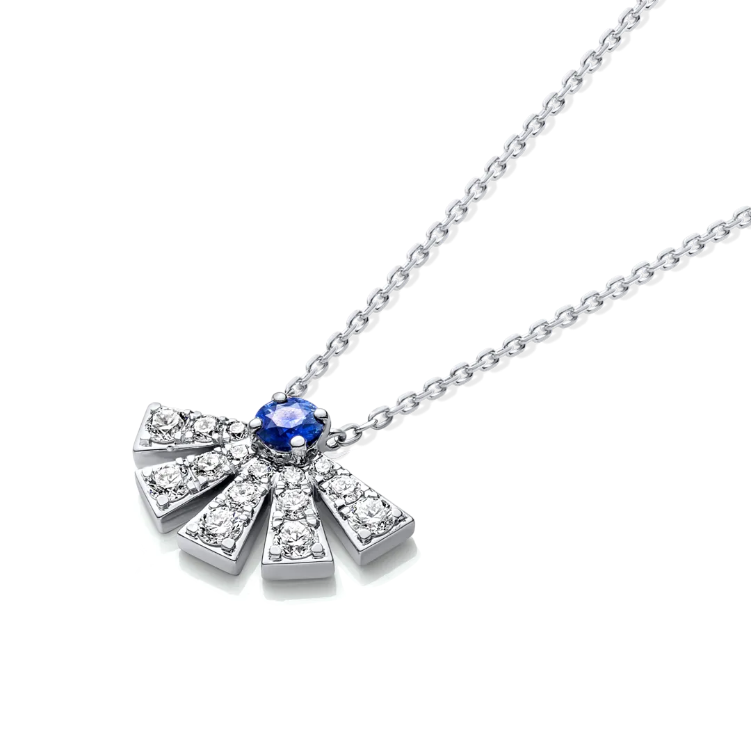 Half Sunrise Diamond And Blue Sapphire Pendant White Gold