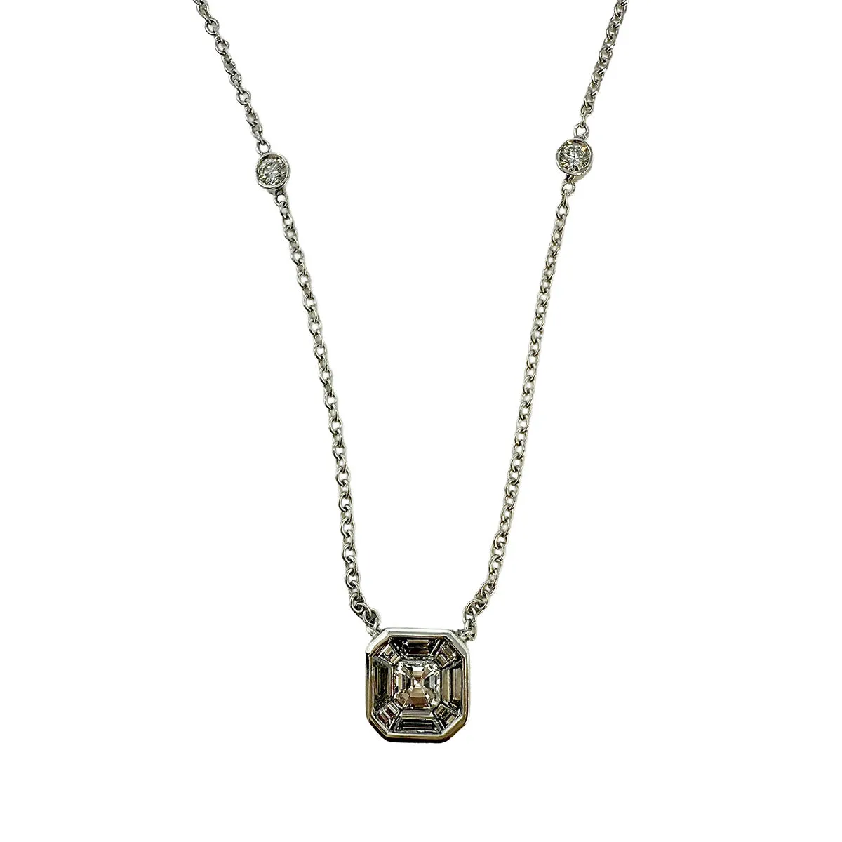 Hasbani 18K White Gold Diamond Pendant Necklace and 6 Bezel Set Diamonds