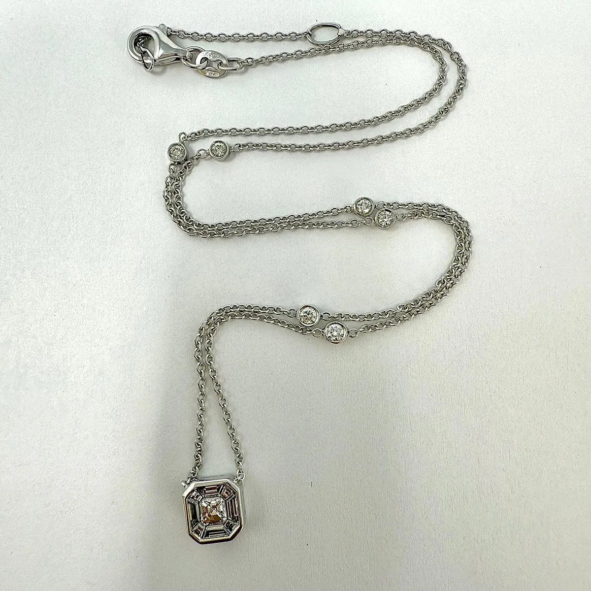 Hasbani 18K White Gold Diamond Pendant Necklace and 6 Bezel Set Diamonds