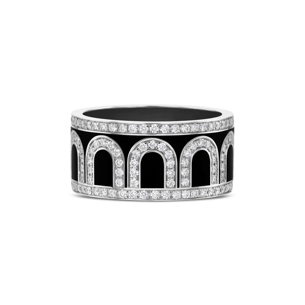 L'Arc de DAVIDOR Ring GM, 18k White Gold with Caviar Lacquered Ceramic and Palais Diamonds