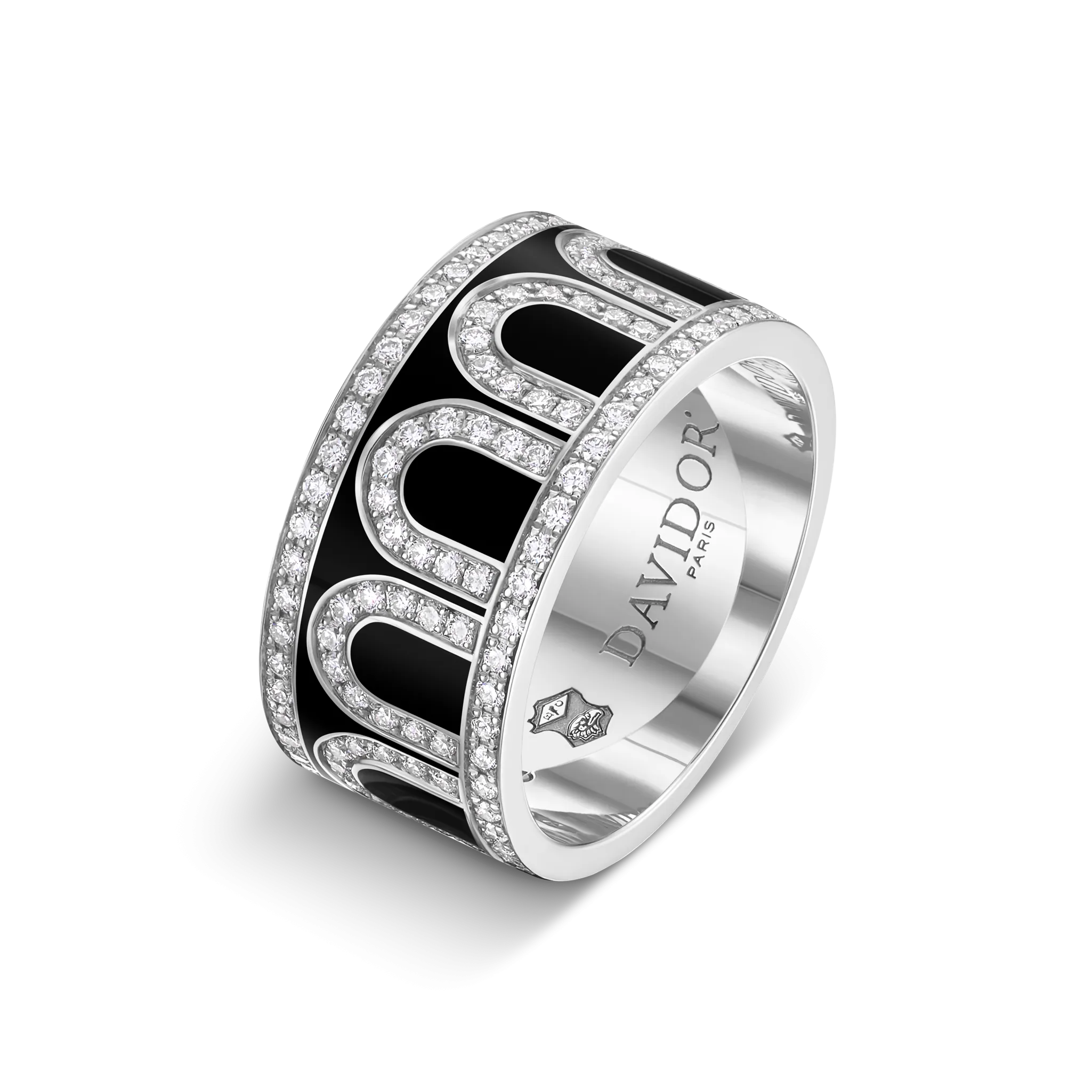 L'Arc de DAVIDOR Ring GM, 18k White Gold with Caviar Lacquered Ceramic and Palais Diamonds