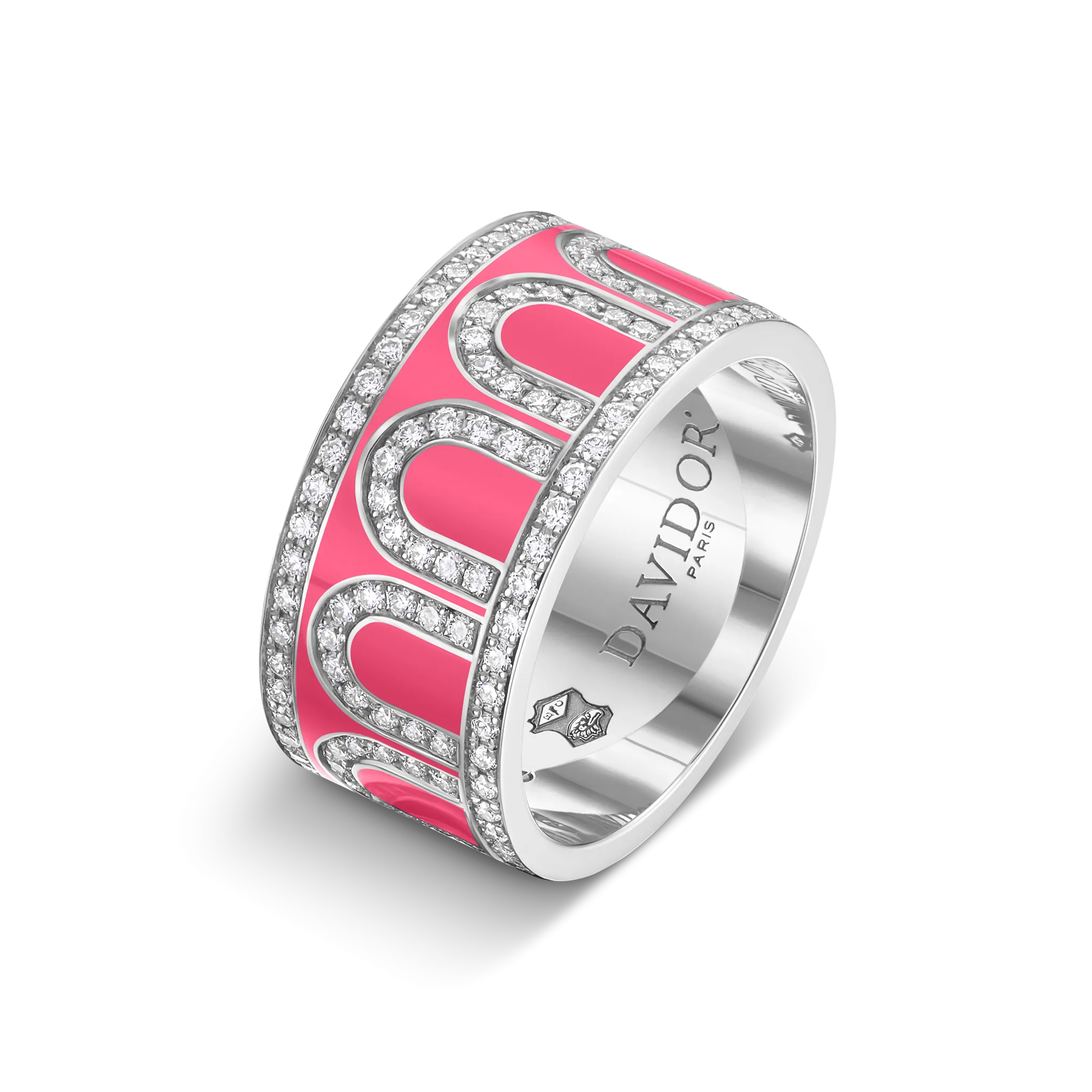 L'Arc de DAVIDOR Ring GM, 18k White Gold with May Rose Lacquered Ceramic and Palais Diamonds