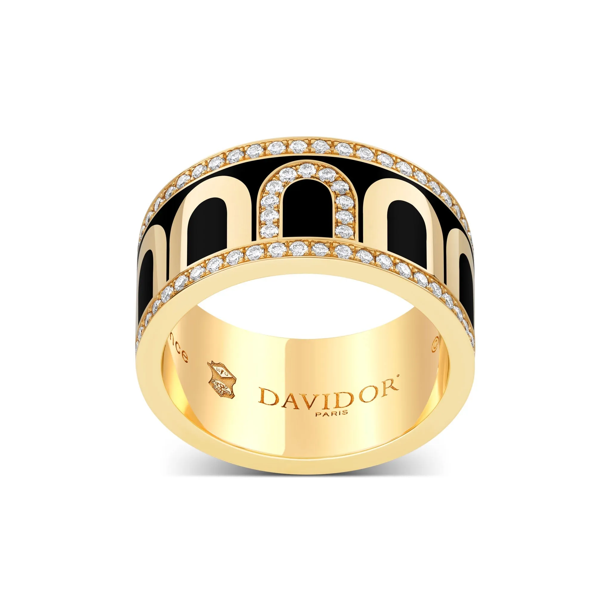 L'Arc de DAVIDOR Ring GM, 18k Yellow Gold with Caviar Lacquered Ceramic and Porta Diamonds