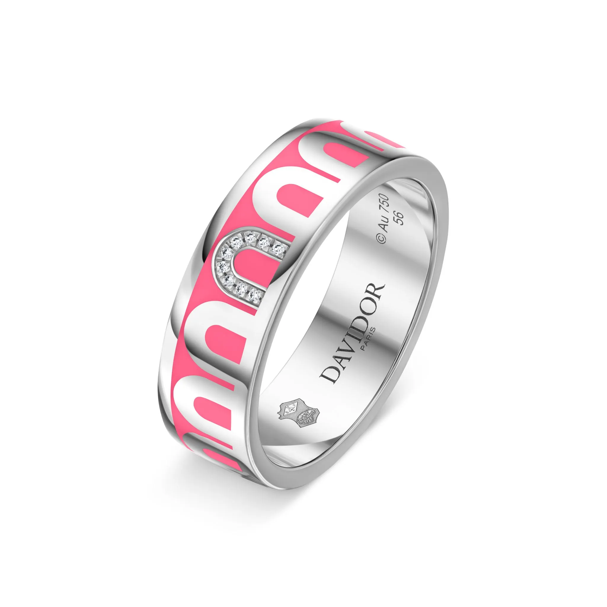 LArc de DAVIDOR Ring MM, 18k White Gold with May Rose Lacquered Ceramic and Porta Simple Diamonds