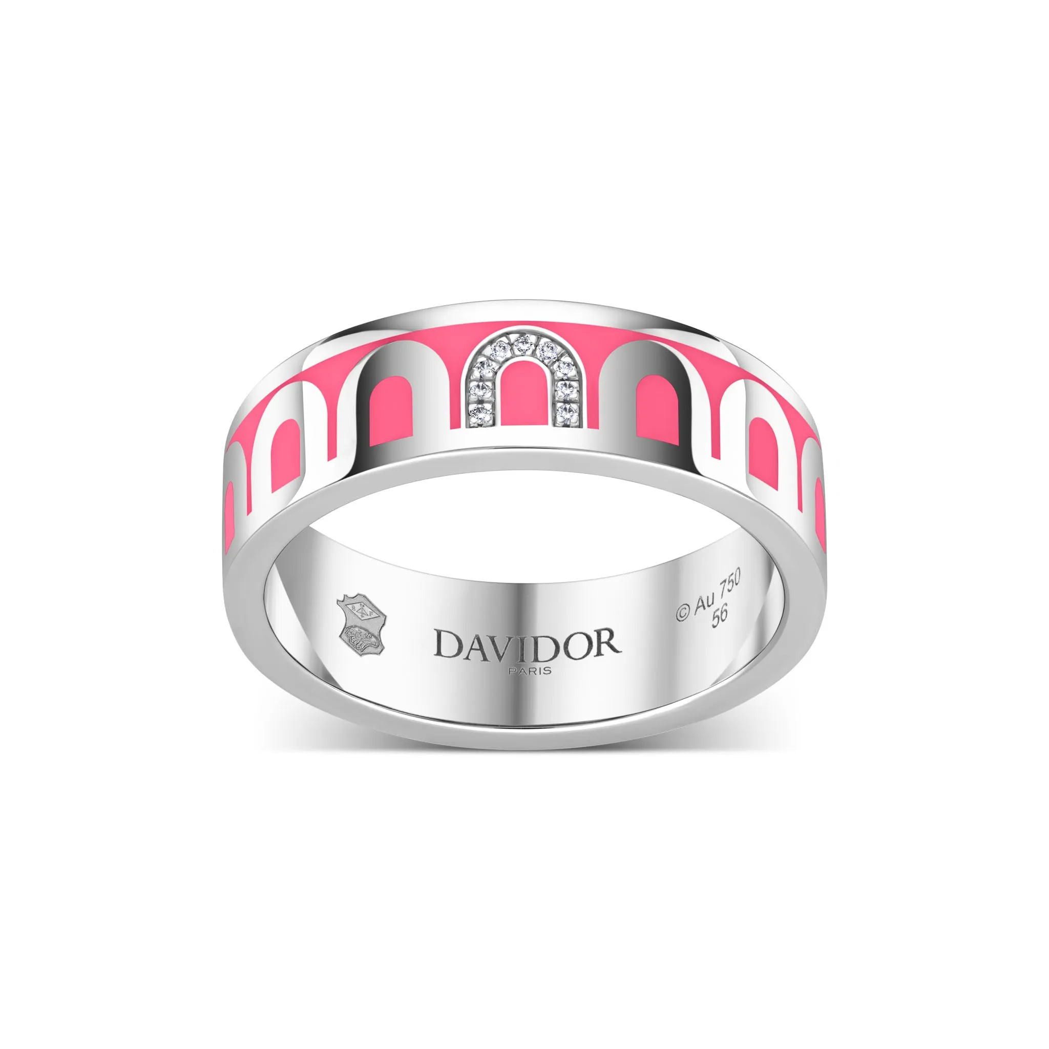 LArc de DAVIDOR Ring MM, 18k White Gold with May Rose Lacquered Ceramic and Porta Simple Diamonds