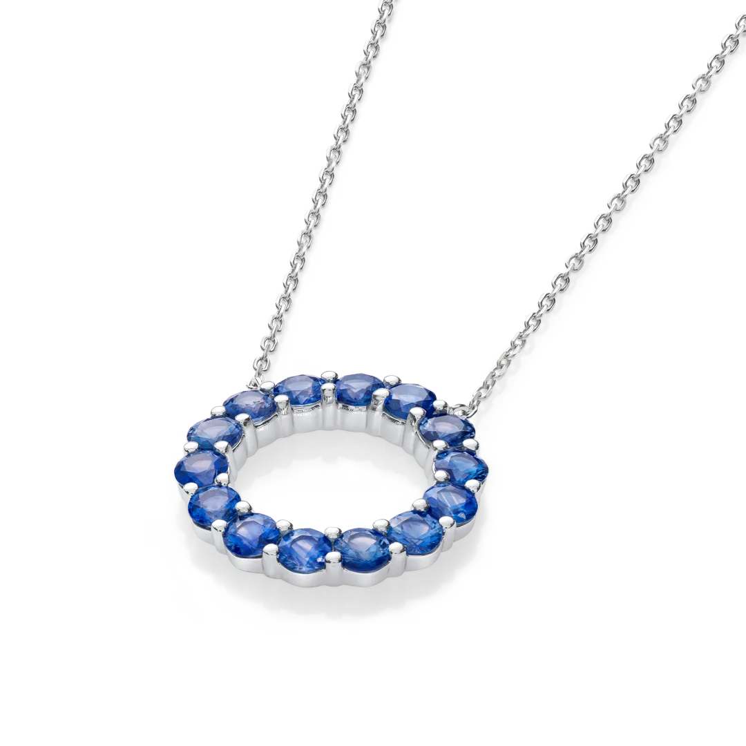 Large Blue Sapphire Circle Pendant White Gold