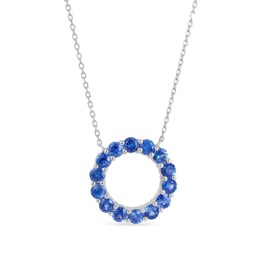 Large Blue Sapphire Circle Pendant White Gold