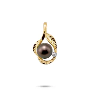 Maile Tahitian Black Pearl Pendant in Gold with Diamonds - 9-10mm