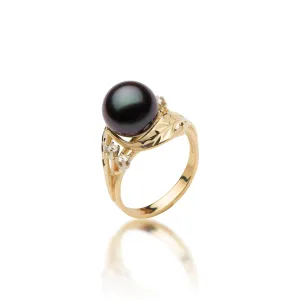 Maile Tahitian Black Pearl Ring in Gold with Diamonds - 9-10mm